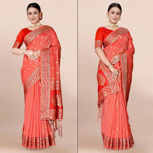 Pink Woven Organza Saree With Tassels