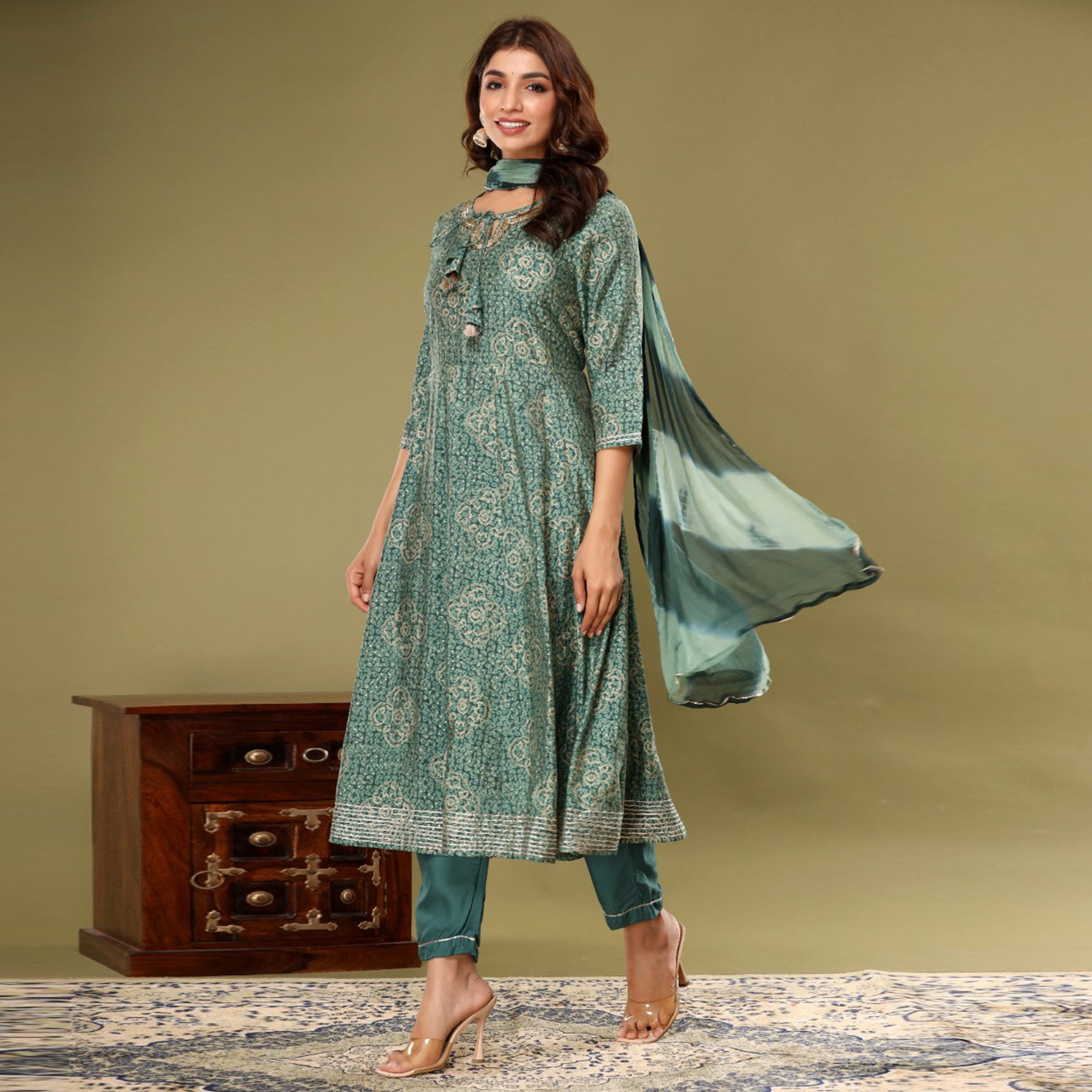 Green Printed With Gota Patti Work Muslin Anarkali Suit