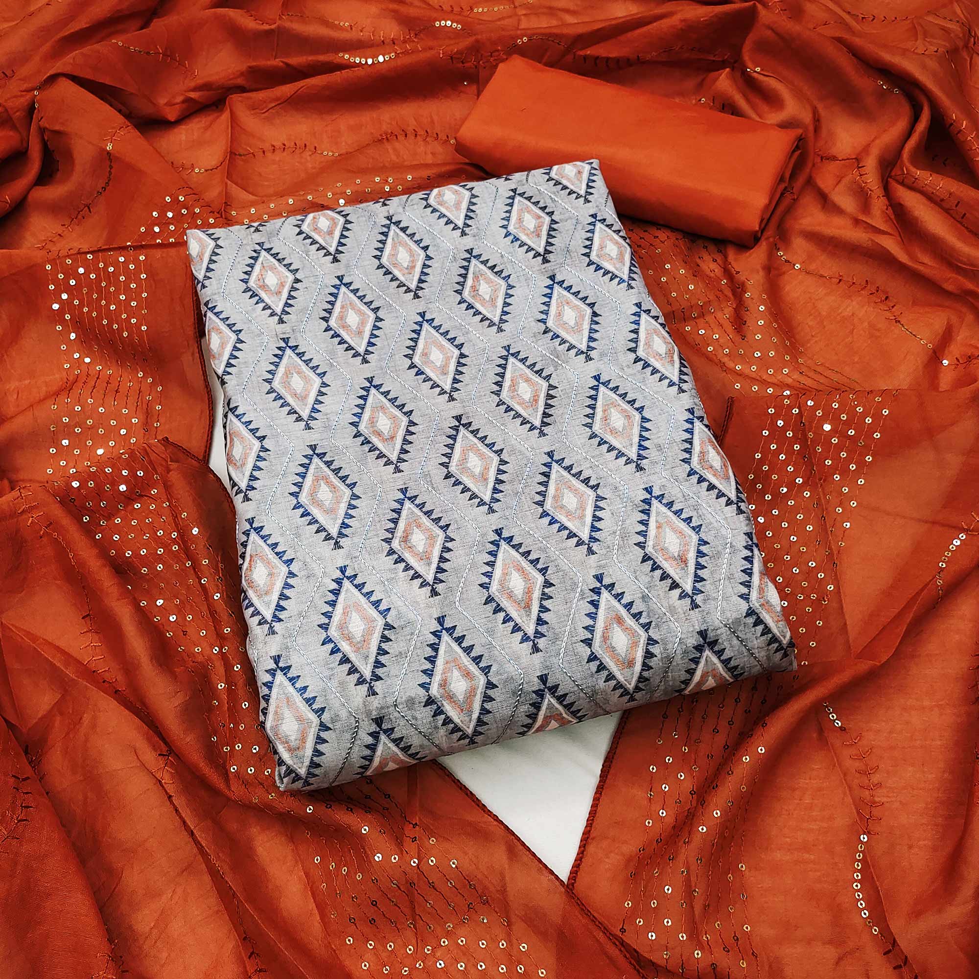 Grey Digital Printed With Embroidered Chanderi Dress Material