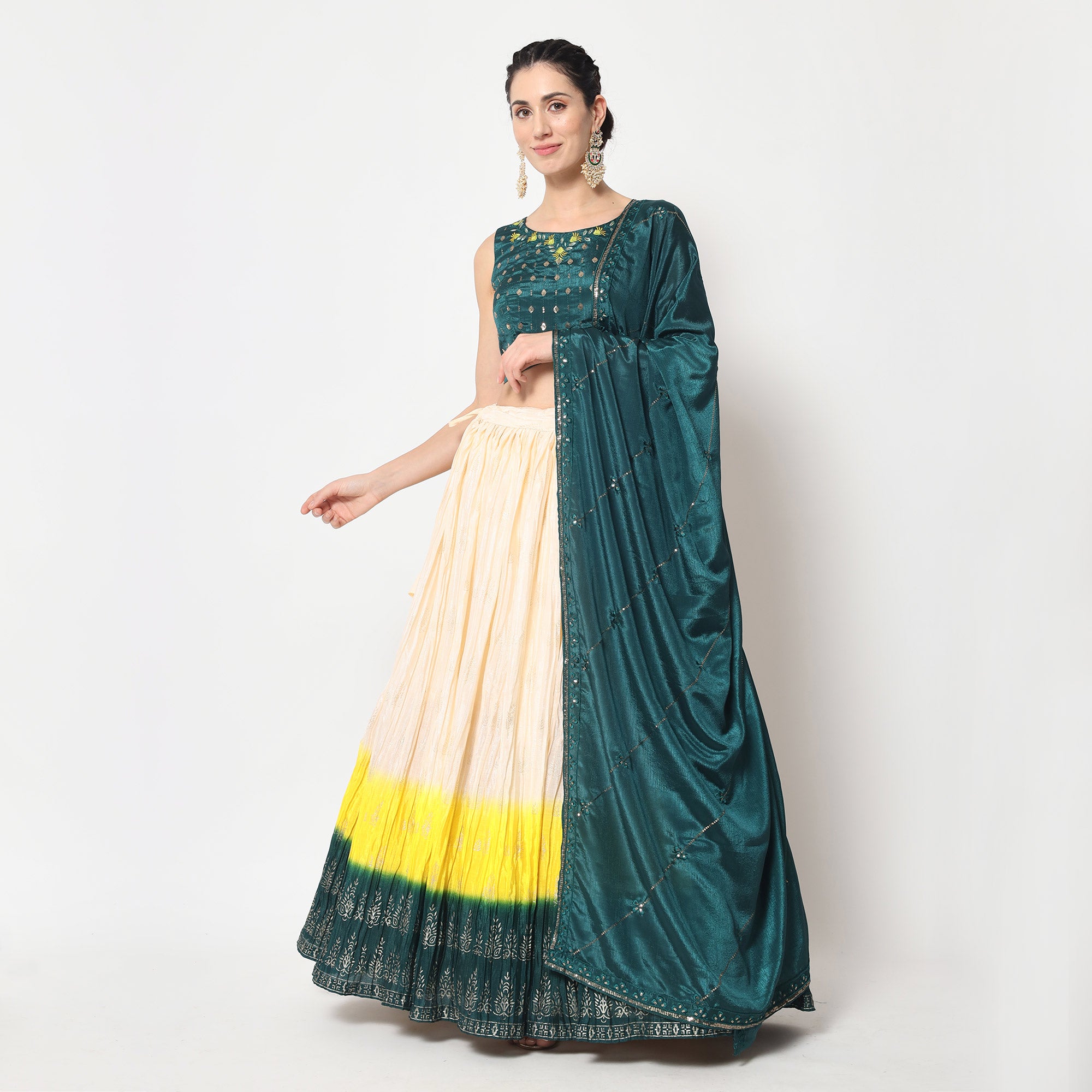 Cream Foil Printed Chiffon Lehenga Choli