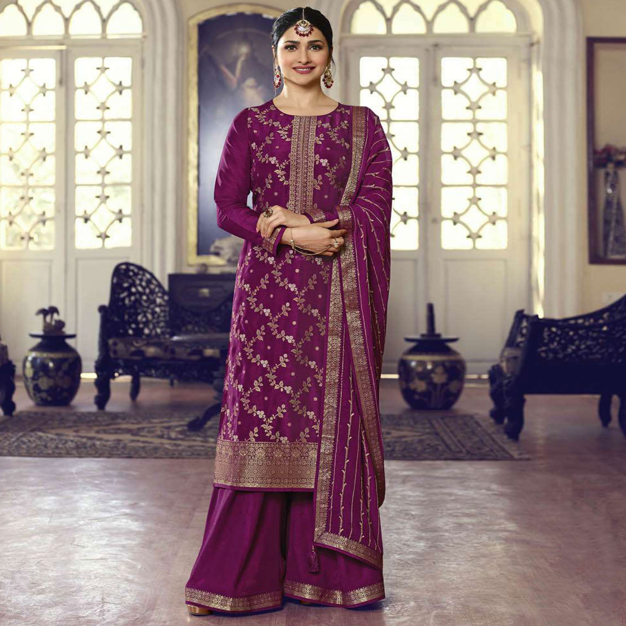 Purple Embroidered Dola Silk Palazzo Suit