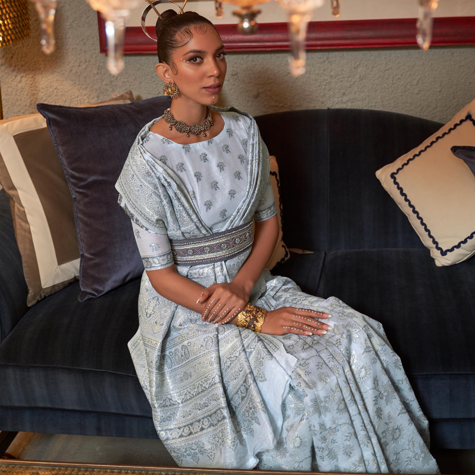 Pastle Grey Floral Woven Modal Saree With Tassels