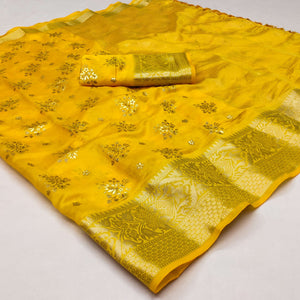 Yellow Woven Organza Saree With Tassels