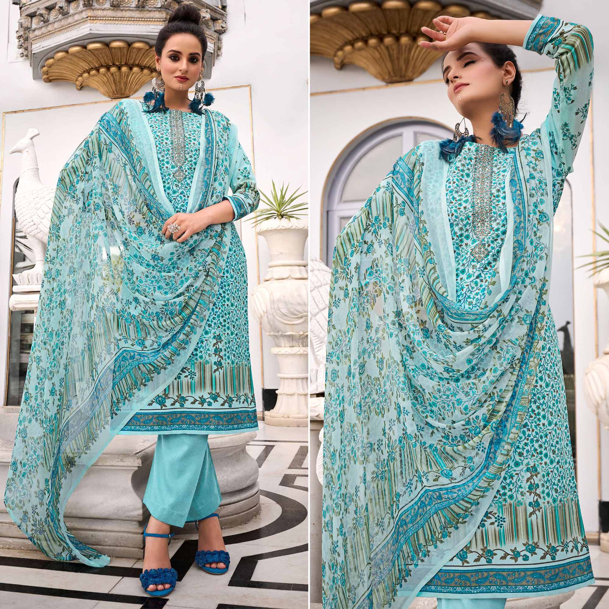 Blue Printed With Embroidered Pure Cotton Salwar Suit