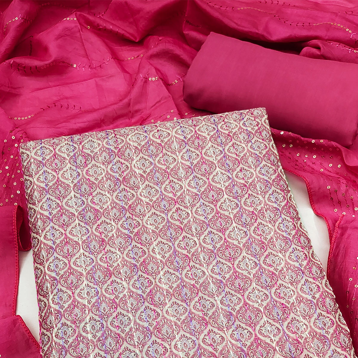 Pink Digital Printed With Embroidered Chanderi Dress Material