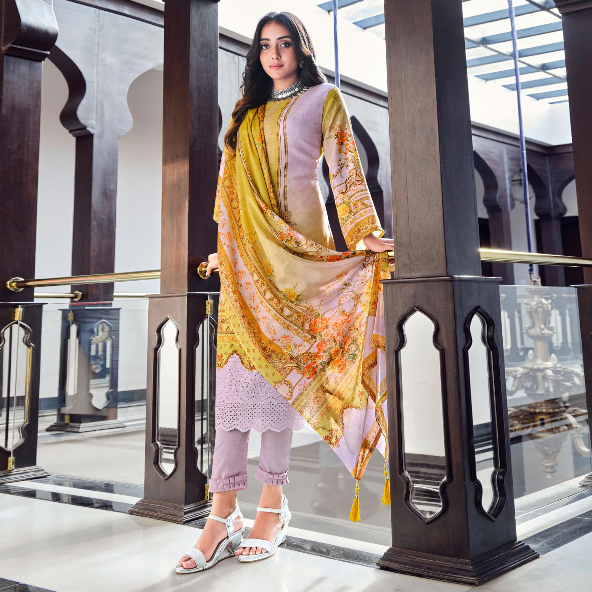 Mauve And Yellow Digital Printed With Daman Embroidered Pure Cotton Pakistani Suit