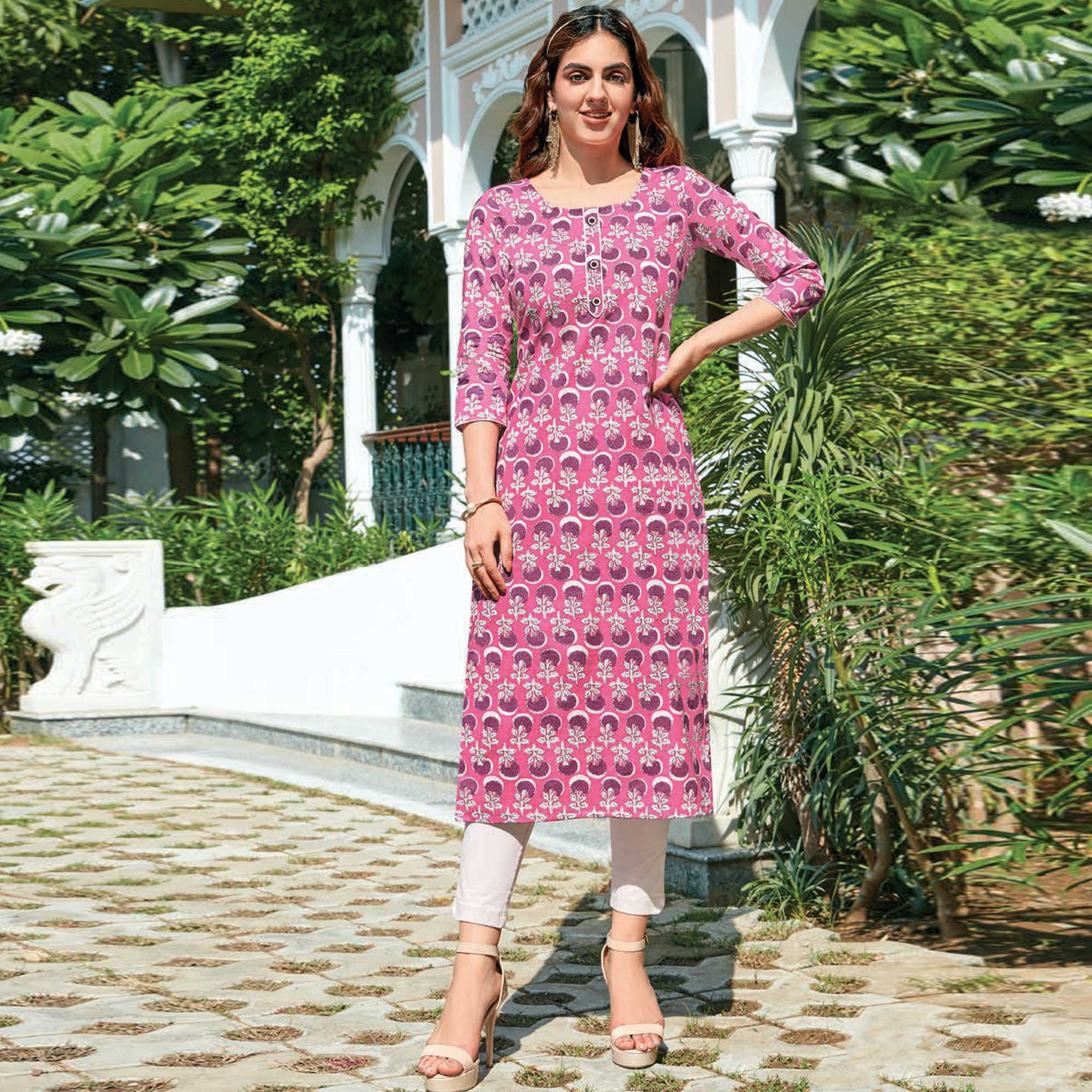 Pink Floral Printed Cotton Blend Kurti