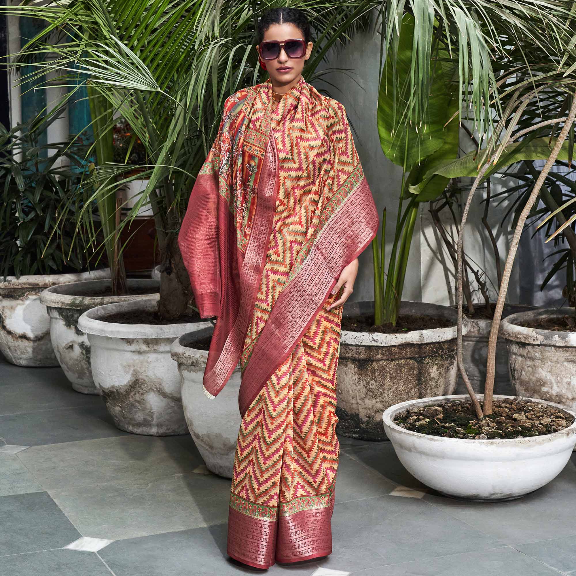 Beige Digital Printed Linen Saree