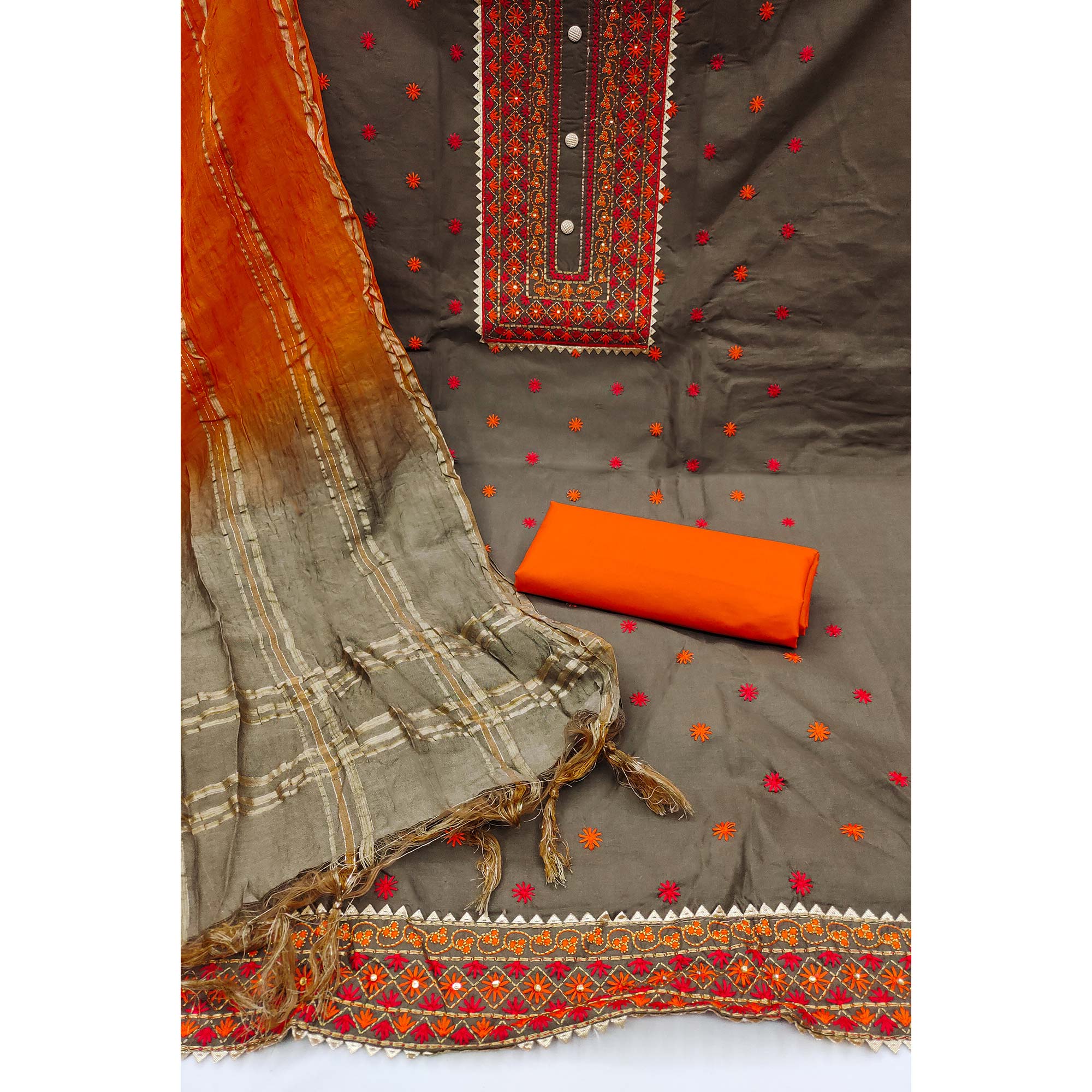 Grey Floral Embroidered Cotton Blend Dress Material