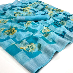 Blue Floral Printed Linen Saree