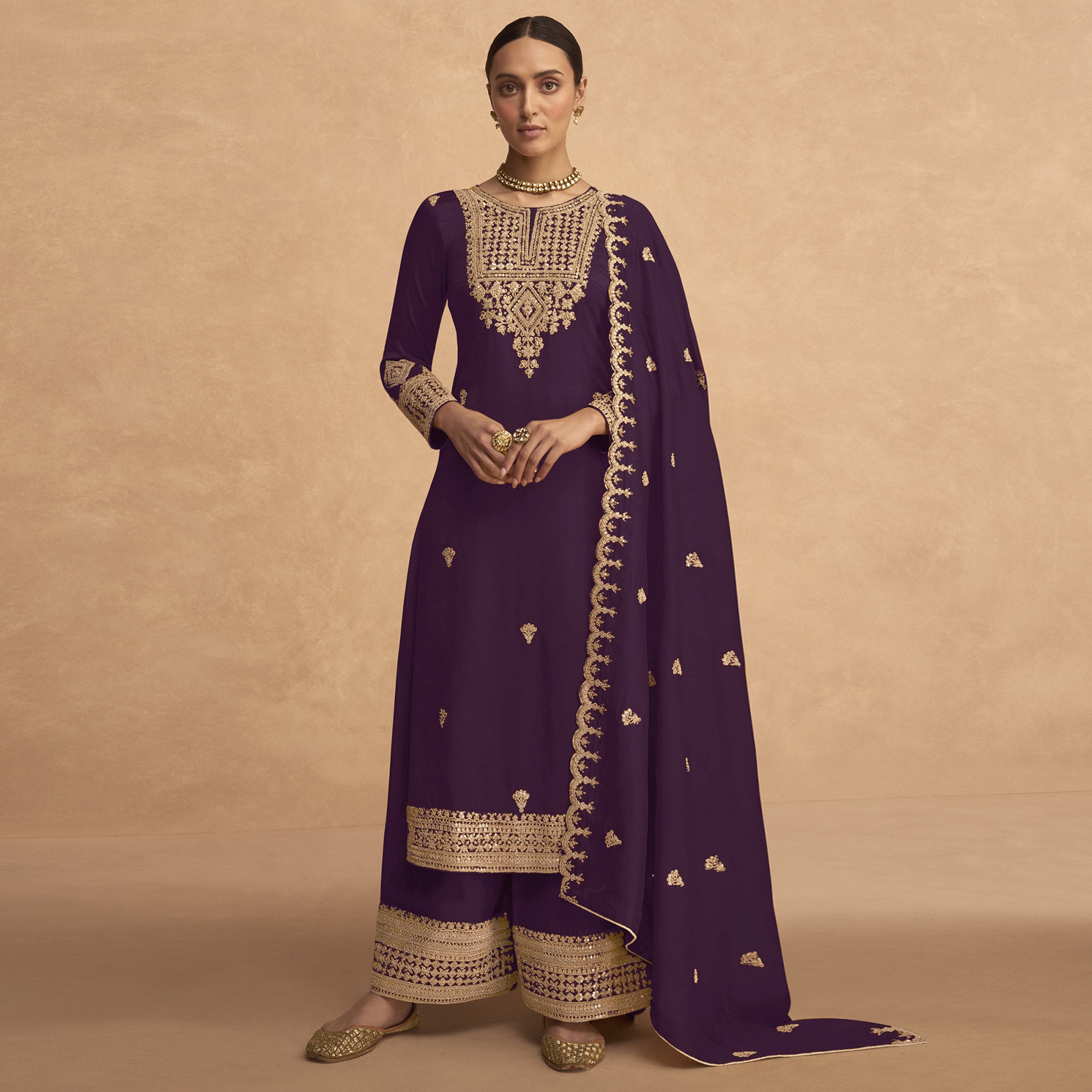 Purple Sequins Embroidered Georgette Palazzo Suit