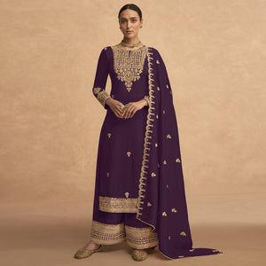 Purple Sequins Embroidered Georgette Palazzo Suit
