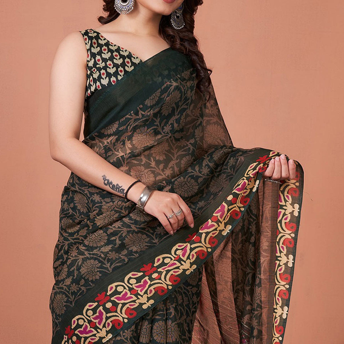 Green Floral Printed Cotton Saree With Tassels