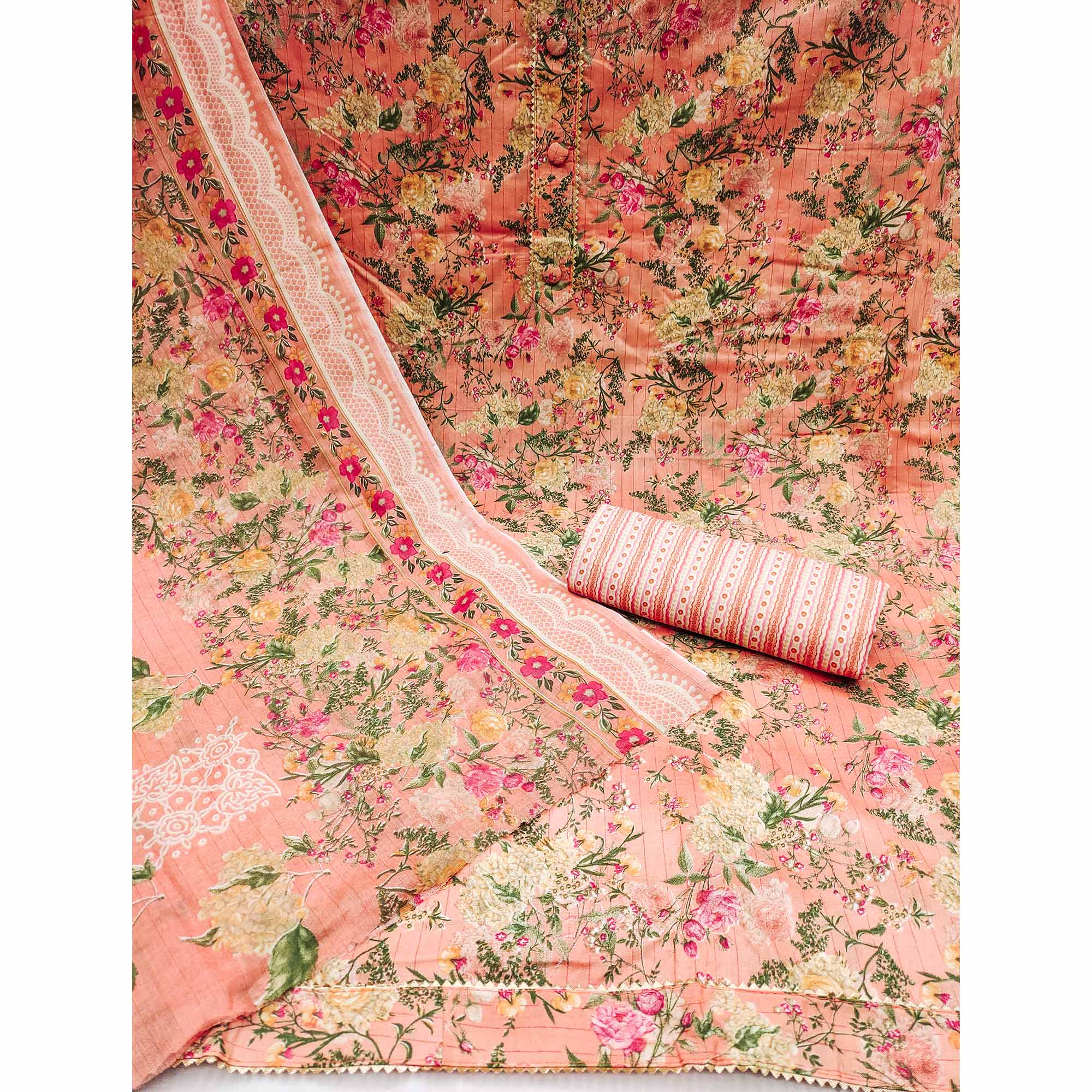 Peach Floral Printed Printed Cotton Blend Dress Material