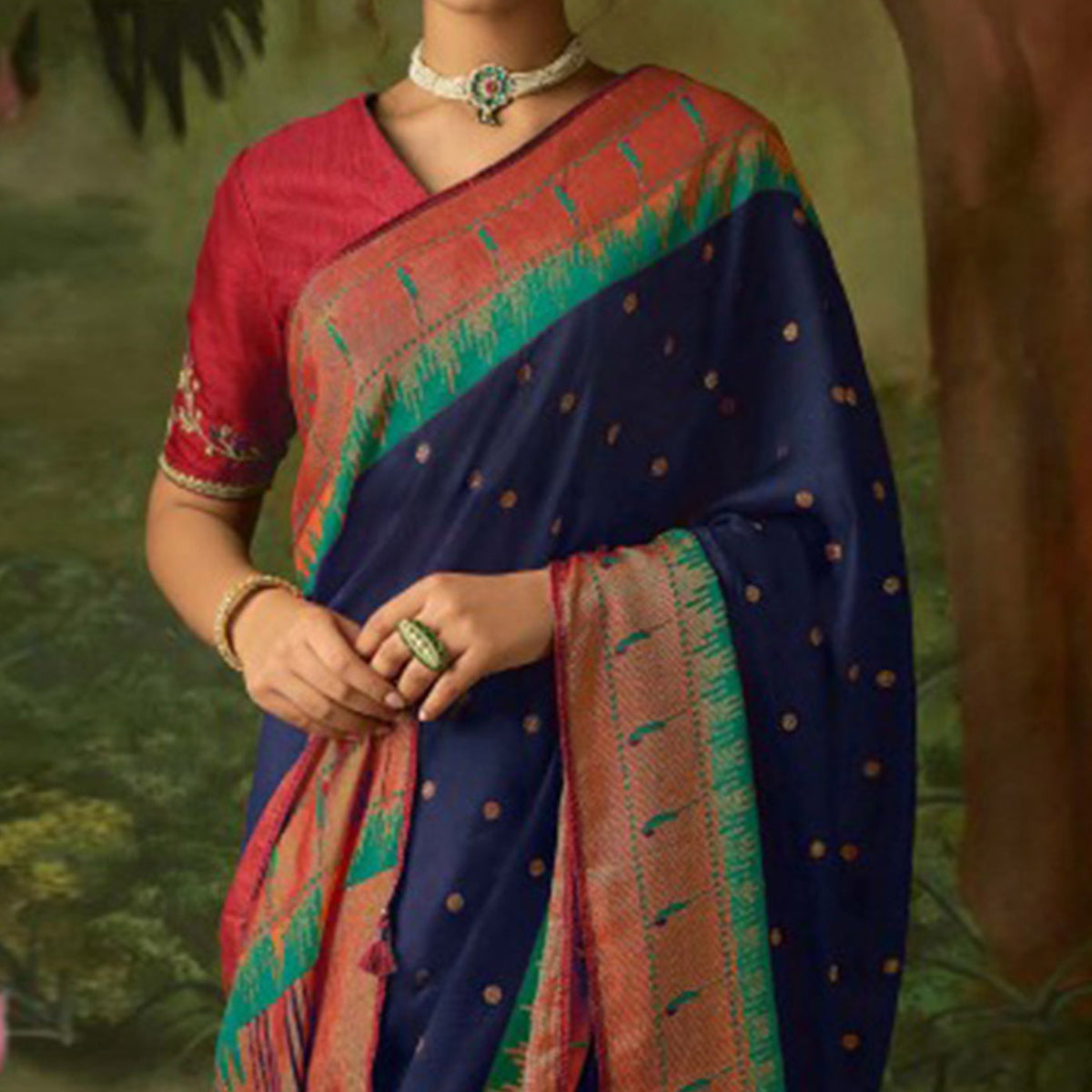 Navy Blue Woven Paithani Brasso Saree With Tassels