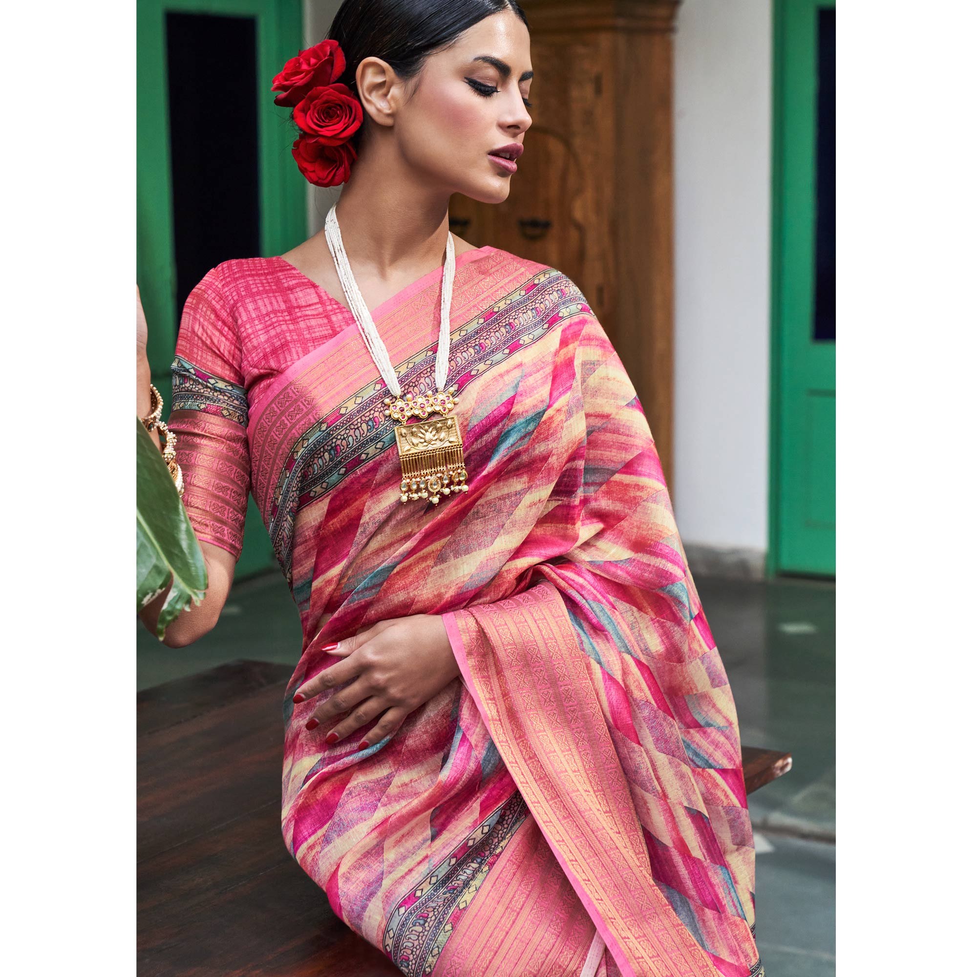Pink Digital Printed Linen Saree