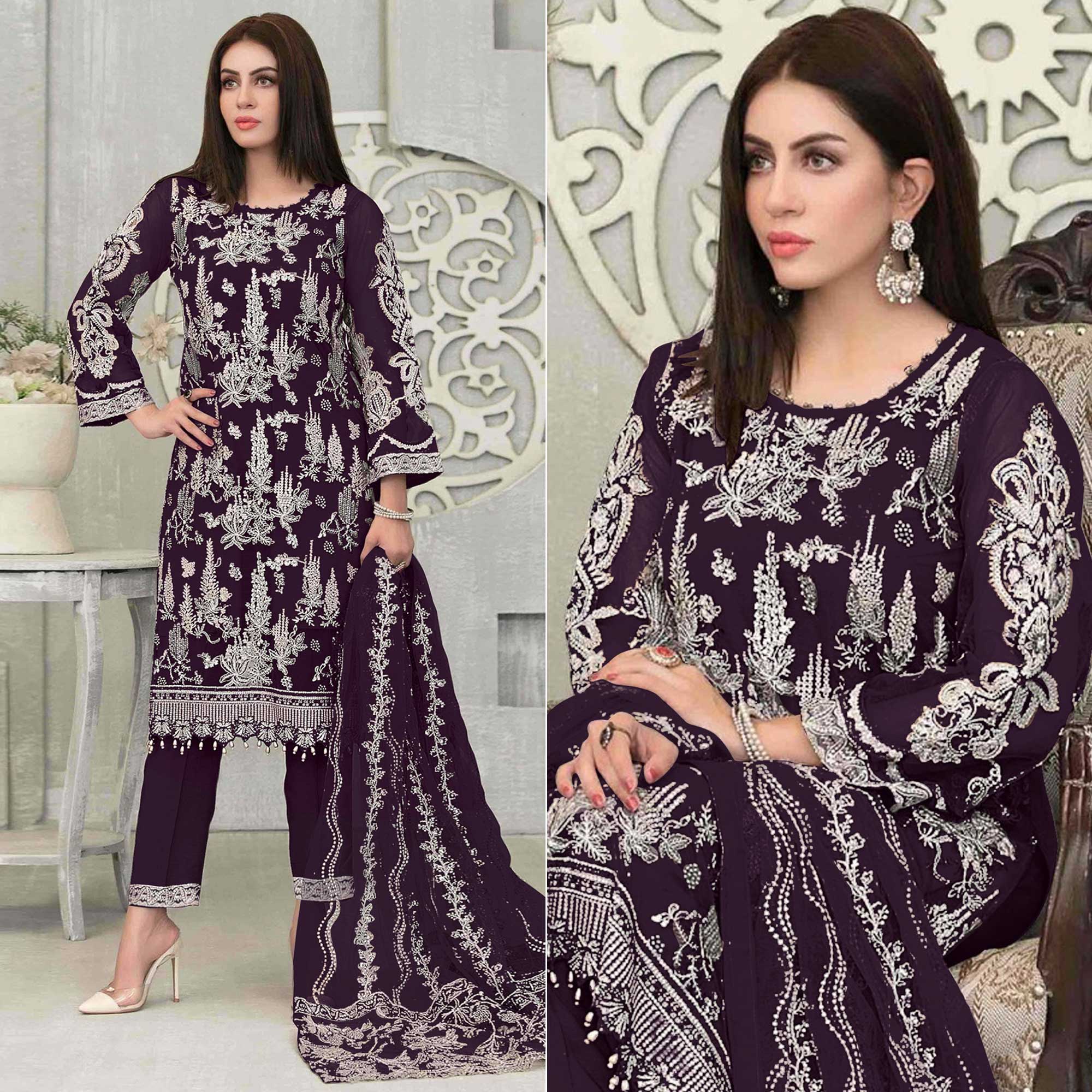 Purple Floral Embroidered Georgette Pakistani Suit