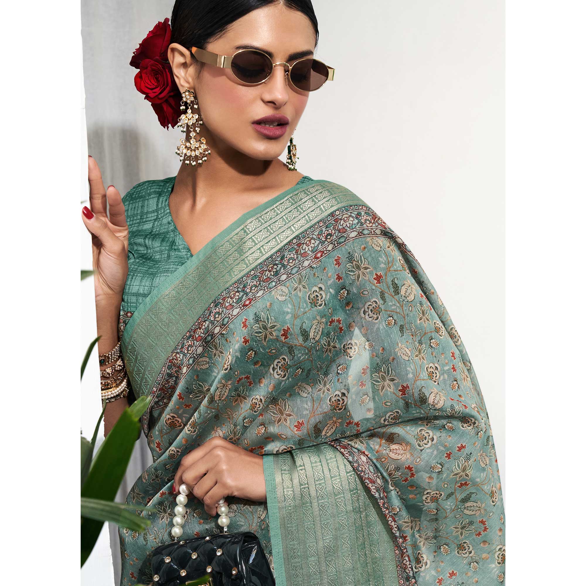 Sea Green Digital Printed Linen Saree