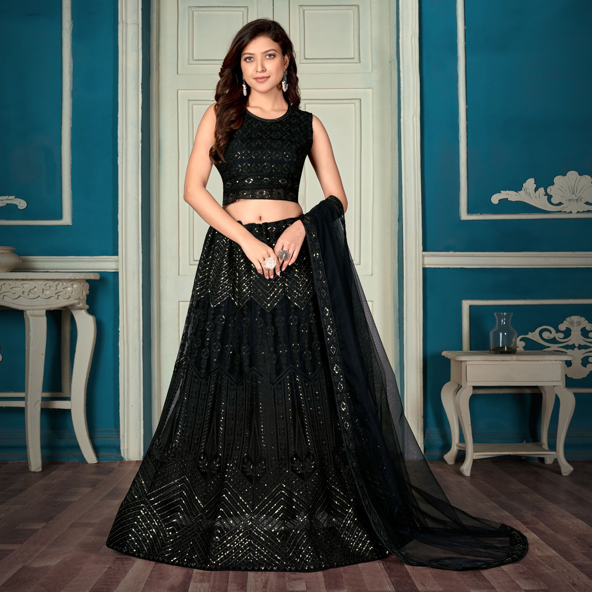 Black Sequins Embroidered Netted Lehenga Choli