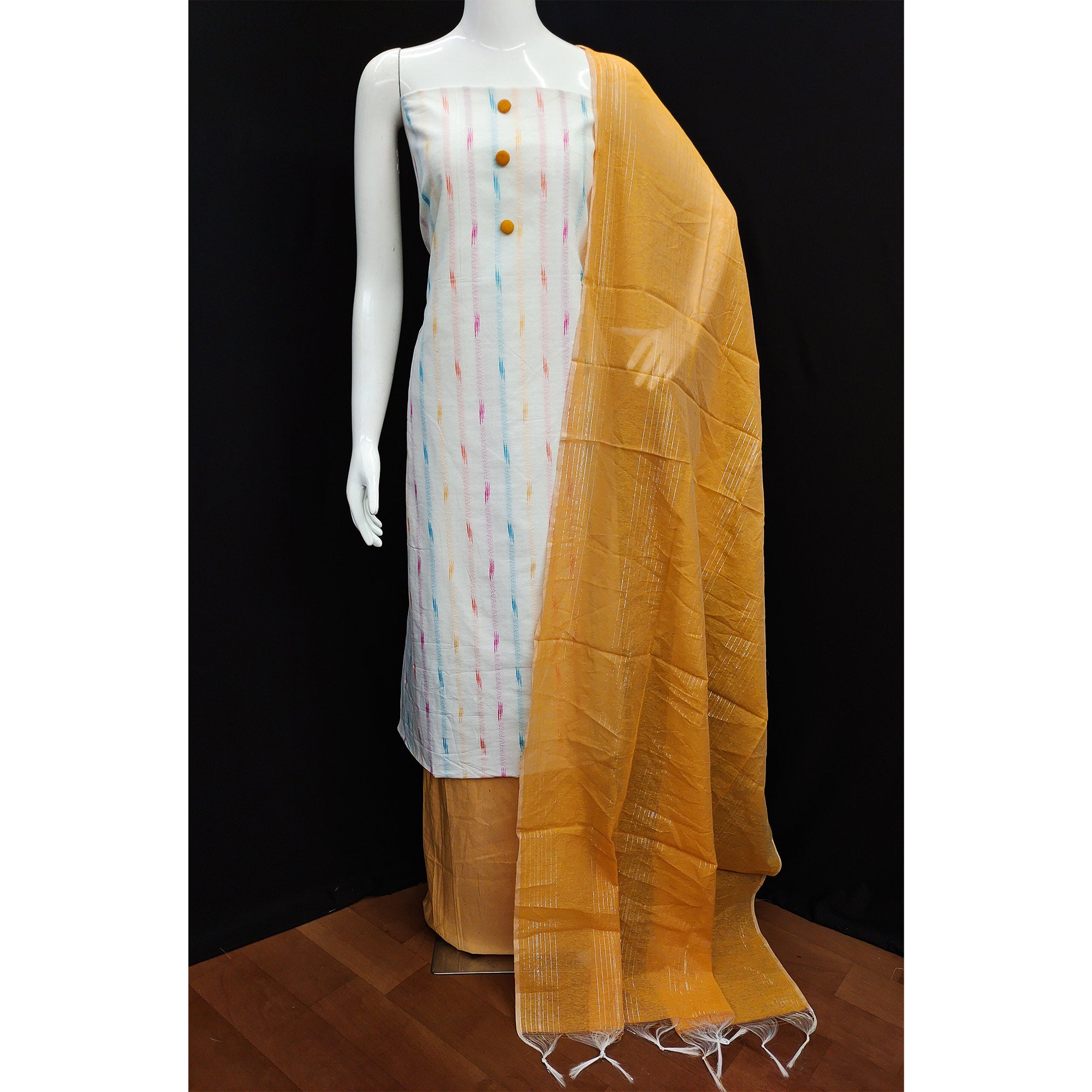 White Mustard Strpied Printed Cotton Dress Material
