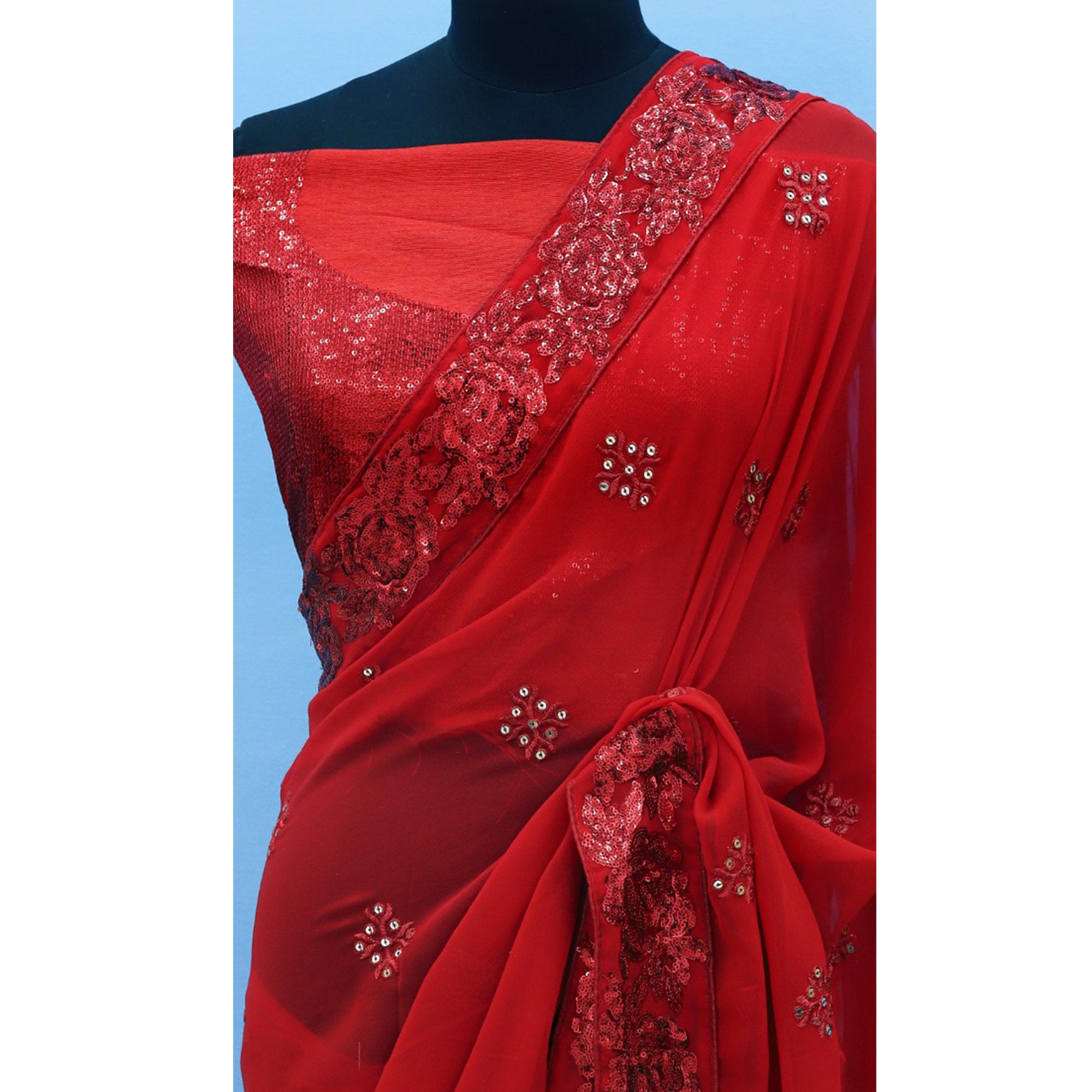 Red Sequins Emroidered Georgette Saree