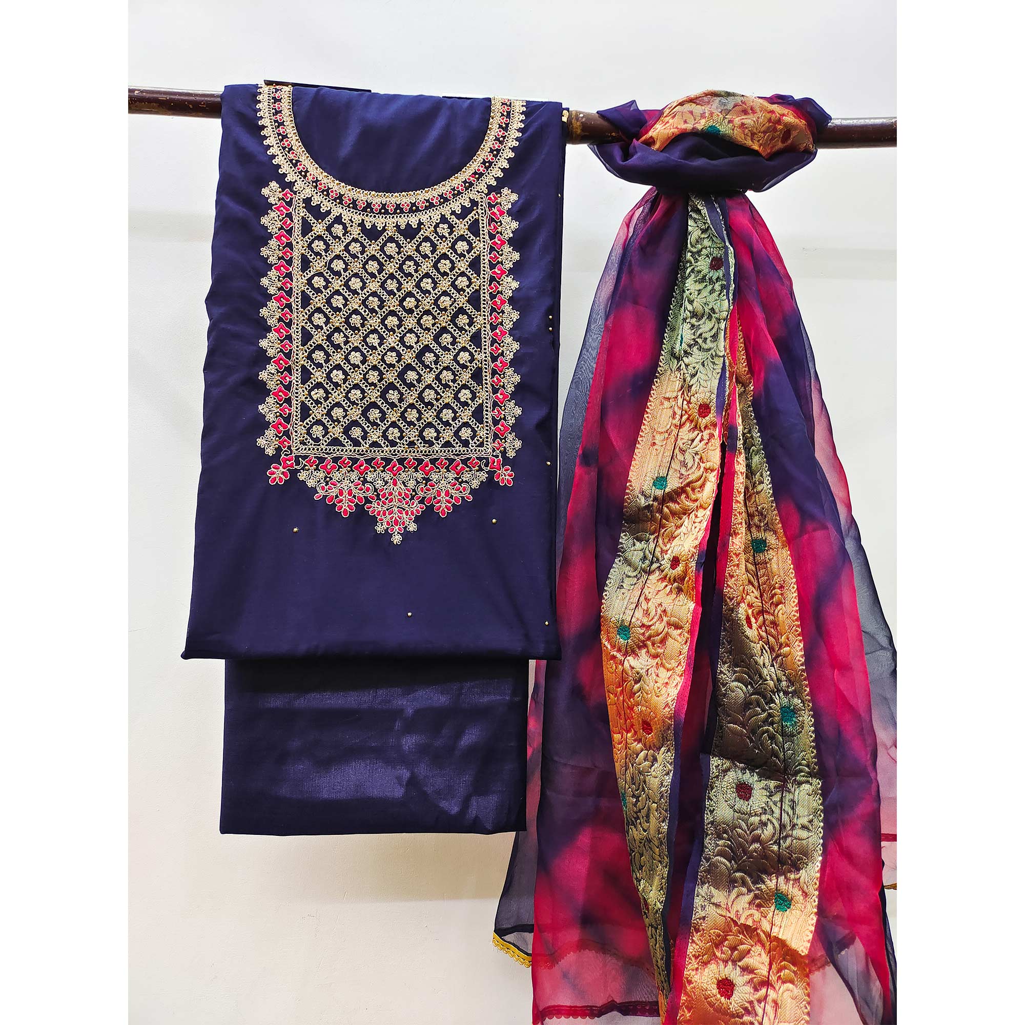Navy Blue Embroidered Modal Dress Material