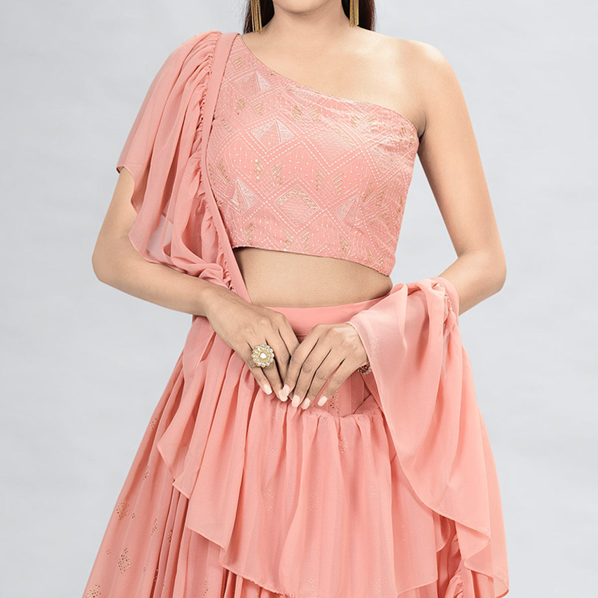 Peach Embellished With Embroidered Georgette Lehenga Choli