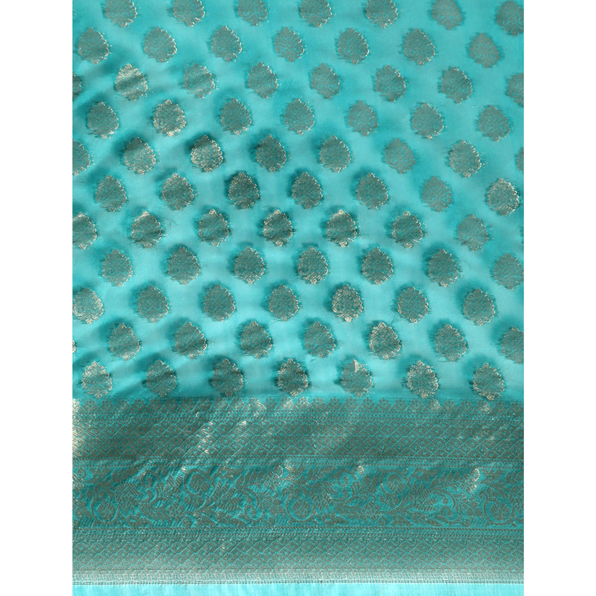 Turquoise Woven Organza Silk Saree With Tassels