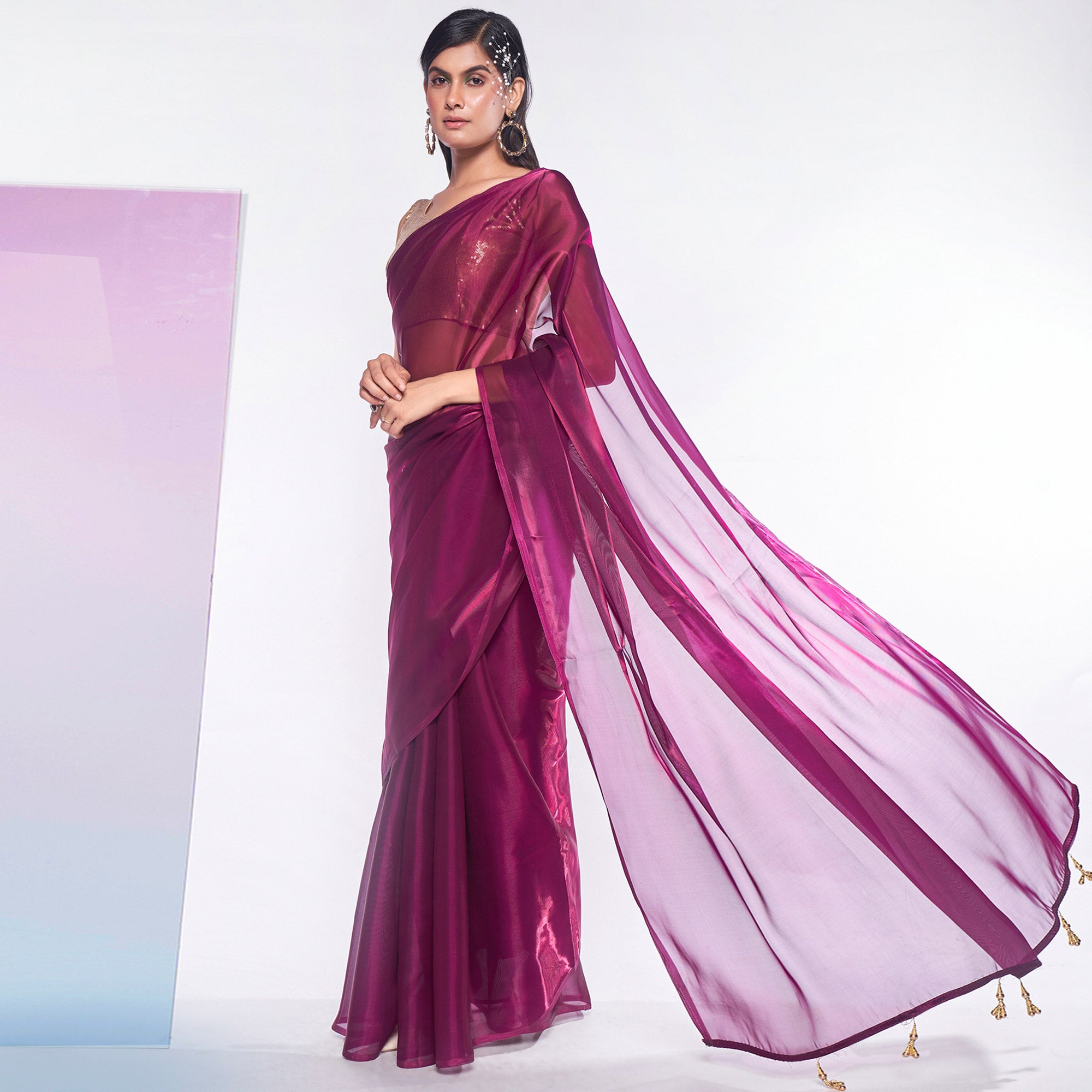 Wine Solid Organza Saree With Tassels