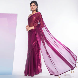 Wine Solid Organza Saree With Tassels
