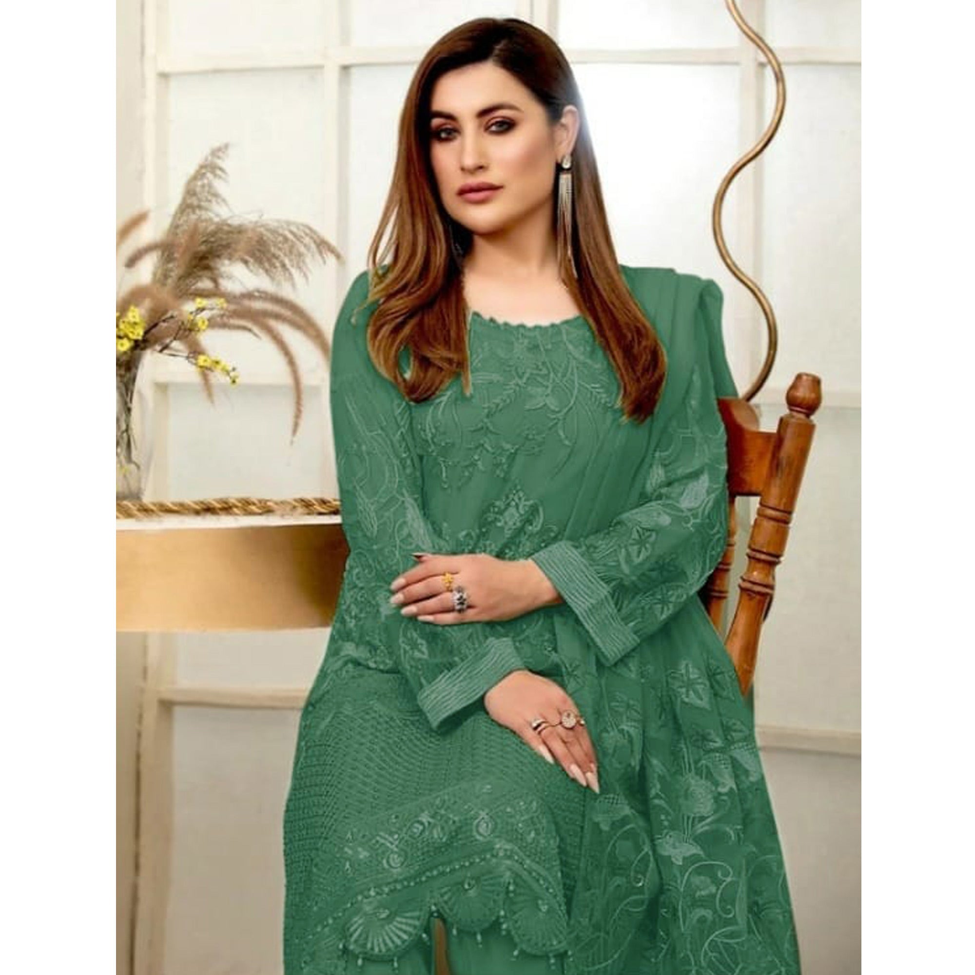 Dark Green Lucknowi Embroidered Georgette Pakistani Suit