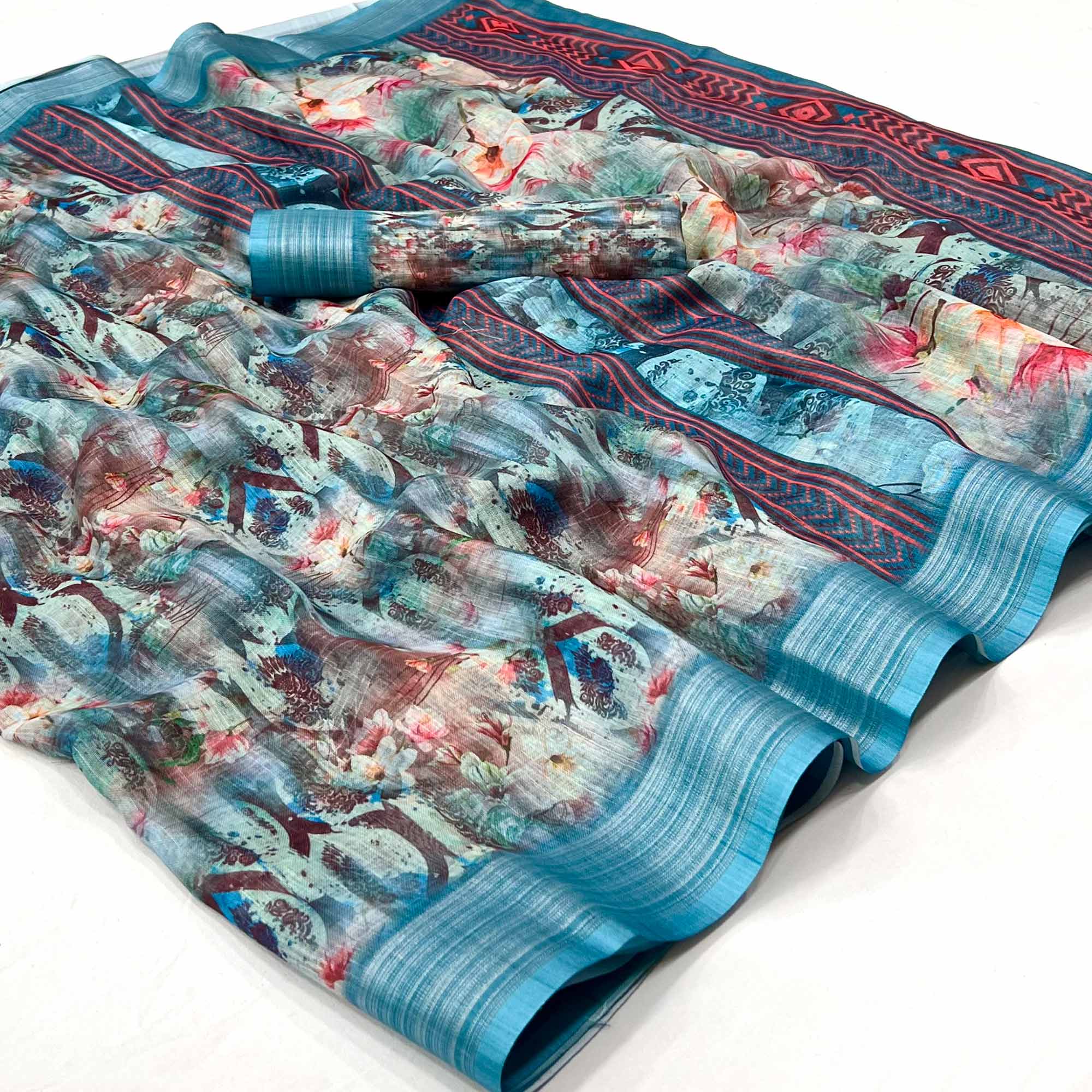 Blue Digital Printed Linen Saree