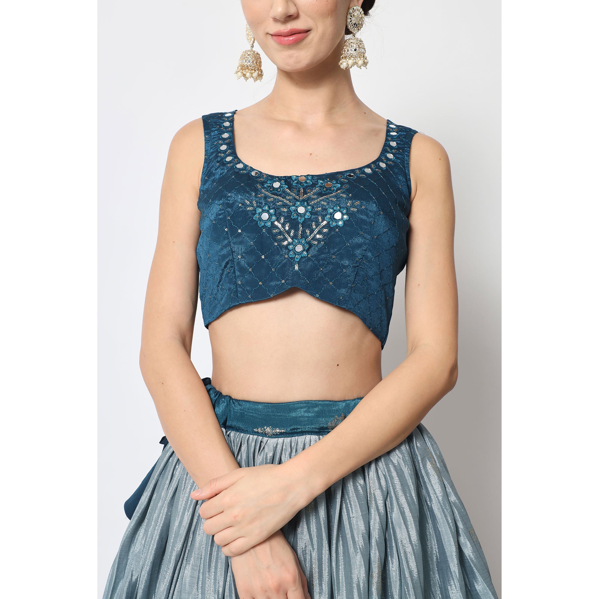 Teal Blue Foil Printed Chiffon Lehenga Choli