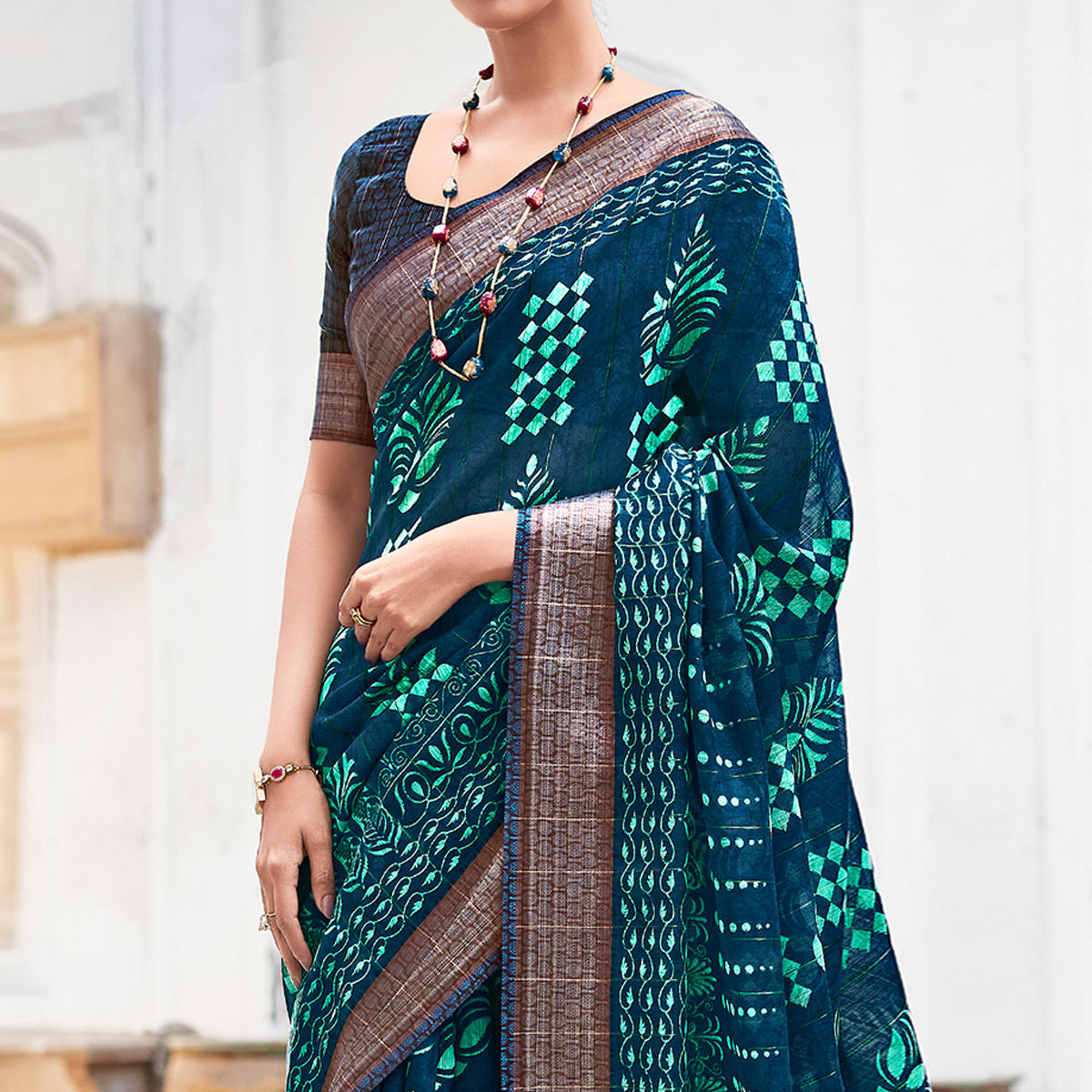 Blue & Green Printed With Woven Border Cotton Saree