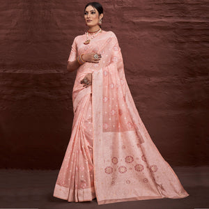 Salmon Pink Woven Cotton Blend Saree