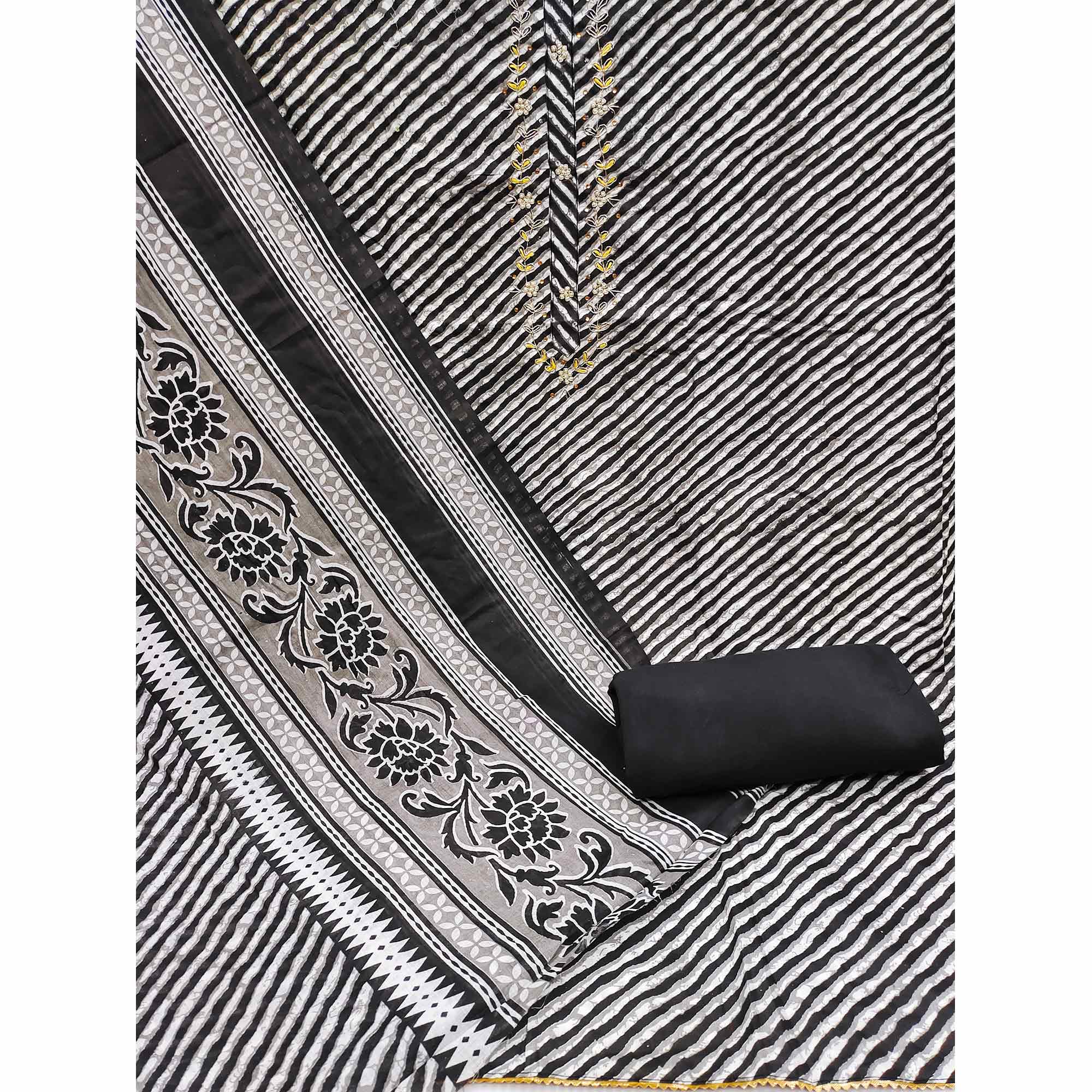 Black Striped Printed Pure Cotton Dress Material