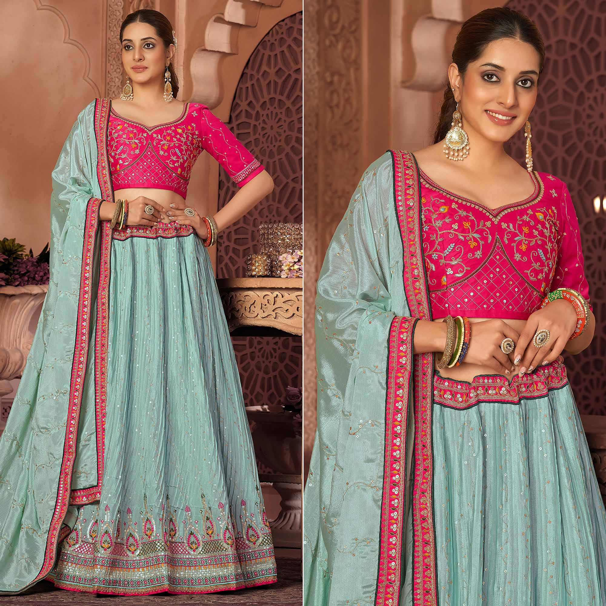 Sky Blue Sequins Embroidered Chiffon Lehenga Choli