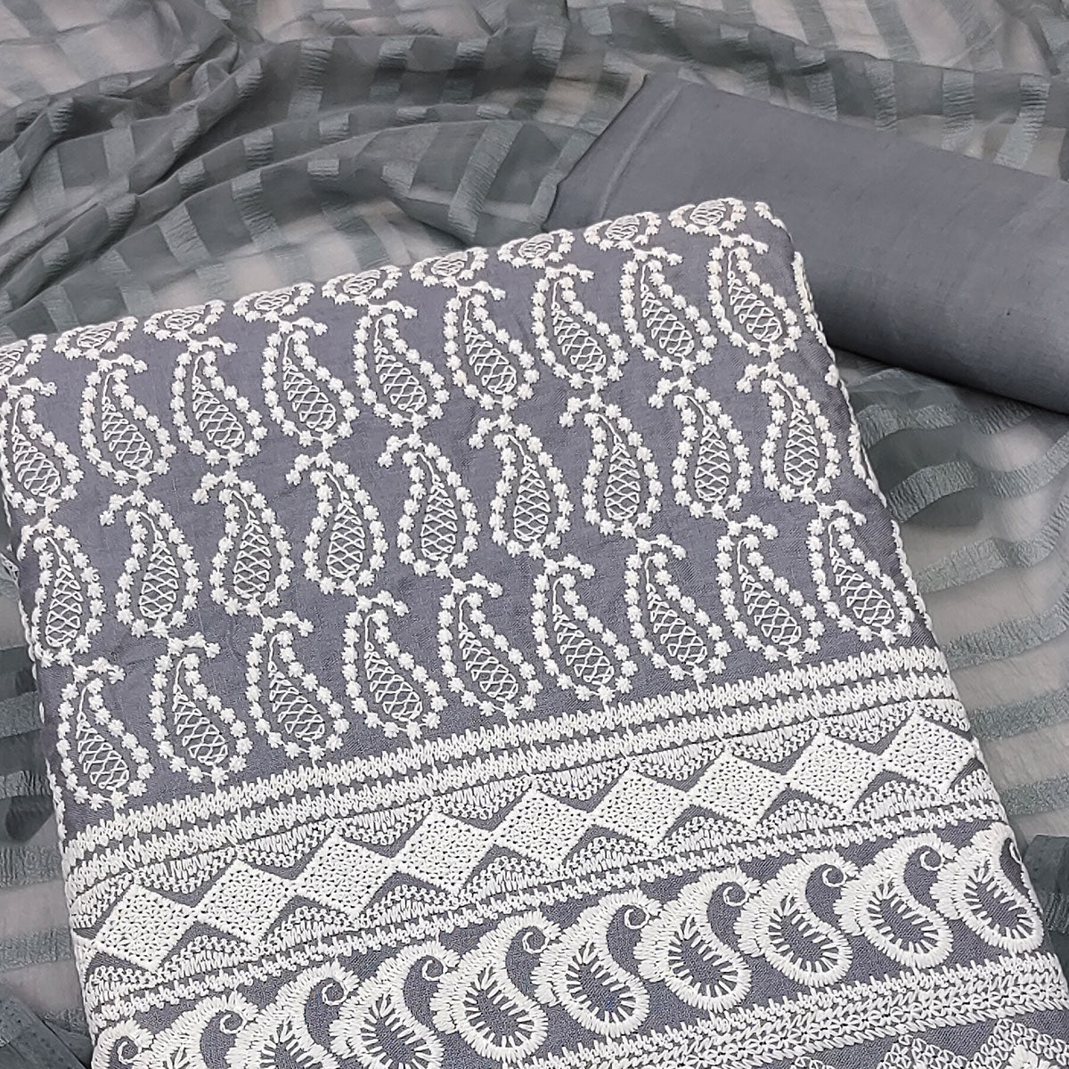 Grey Embroidered Cotton Blend Dress Material