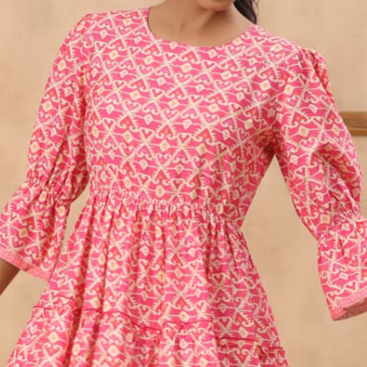 Pink Geometric Printed Rayon Dress