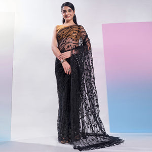 Black Floral Sequins Embroidered Soft Net Saree