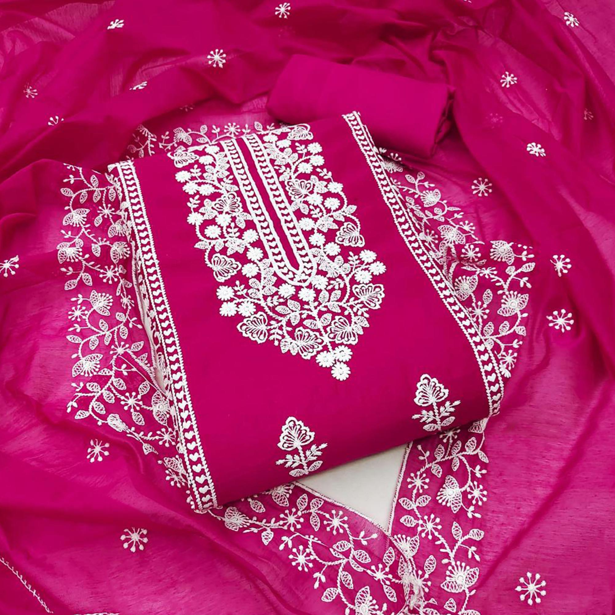 Rani Pink Floral Embroidered Chanderi Dress Material