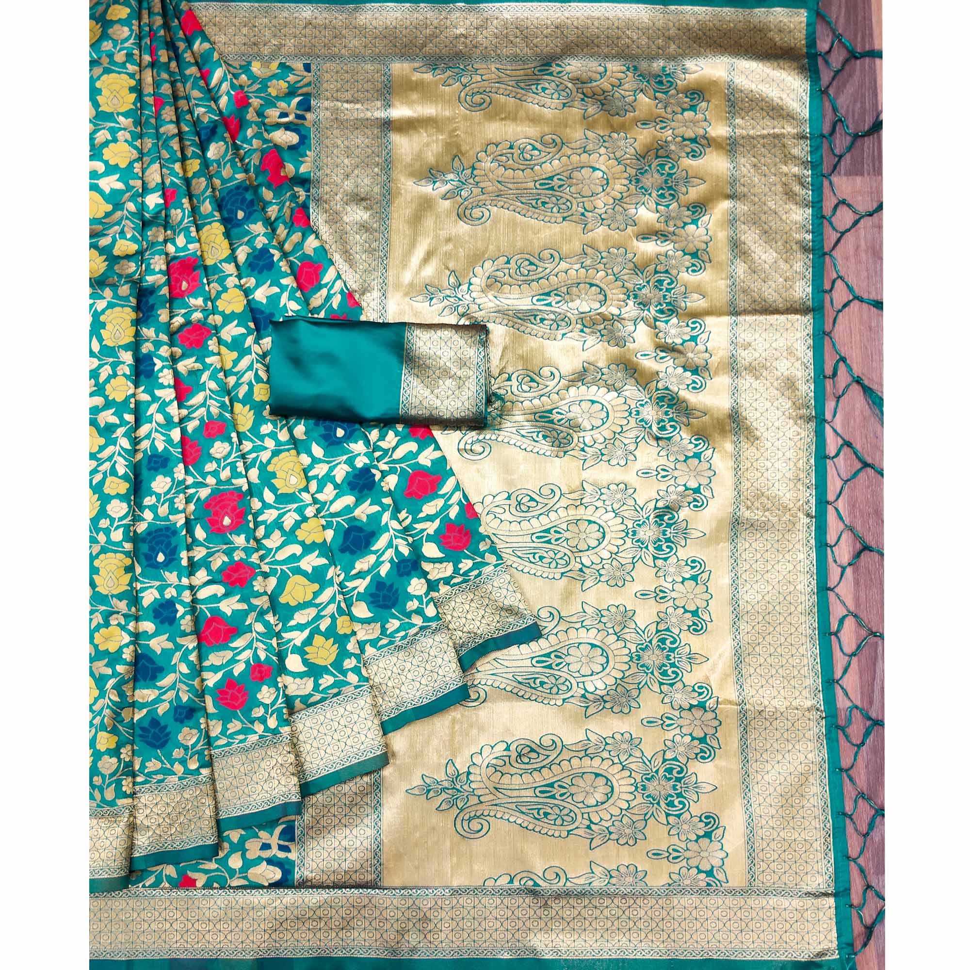 Rama Green Floral Woven Art Silk Saree