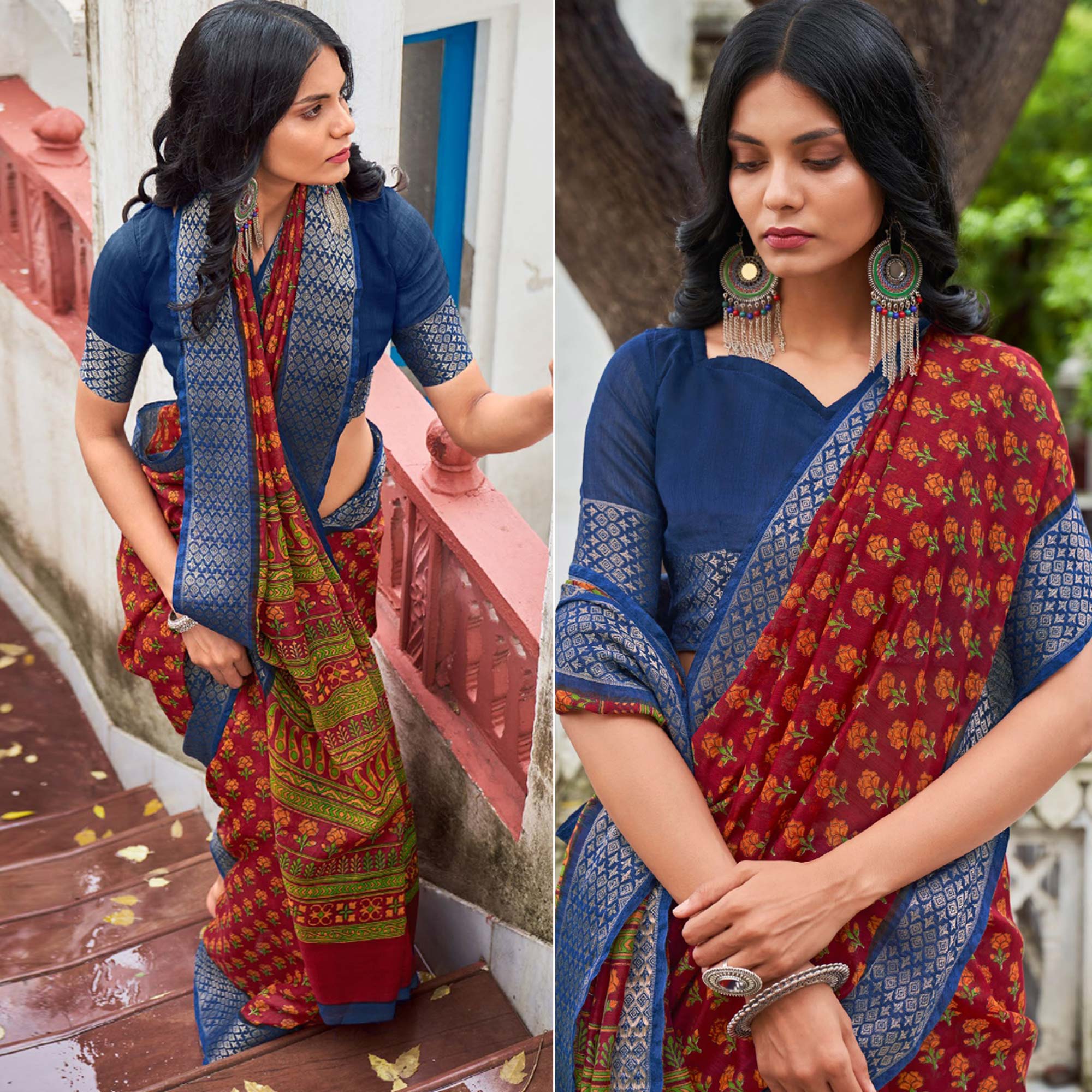 Pink Printed With Woven Border Raw Silk Saree