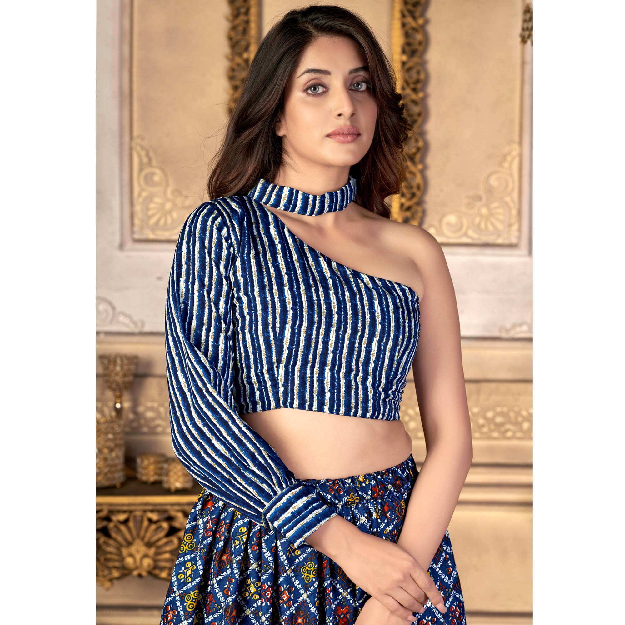 Blue Printed Crepe Top Skirt Set