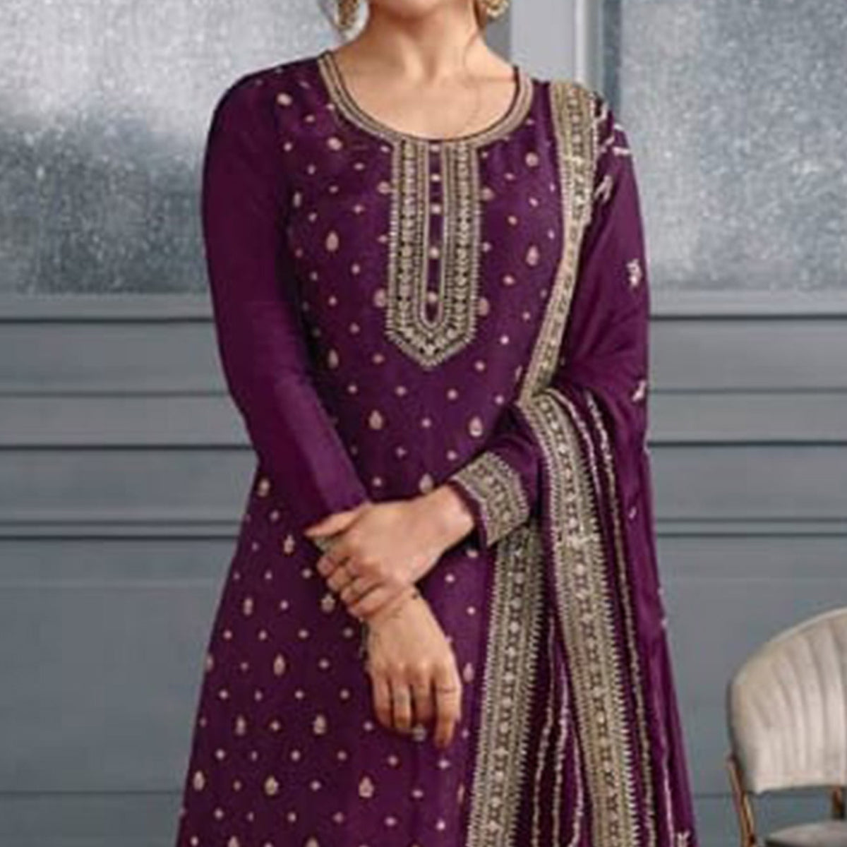 Purple Woven With Sequins Embroidered Dola Silk Palazzo Suit