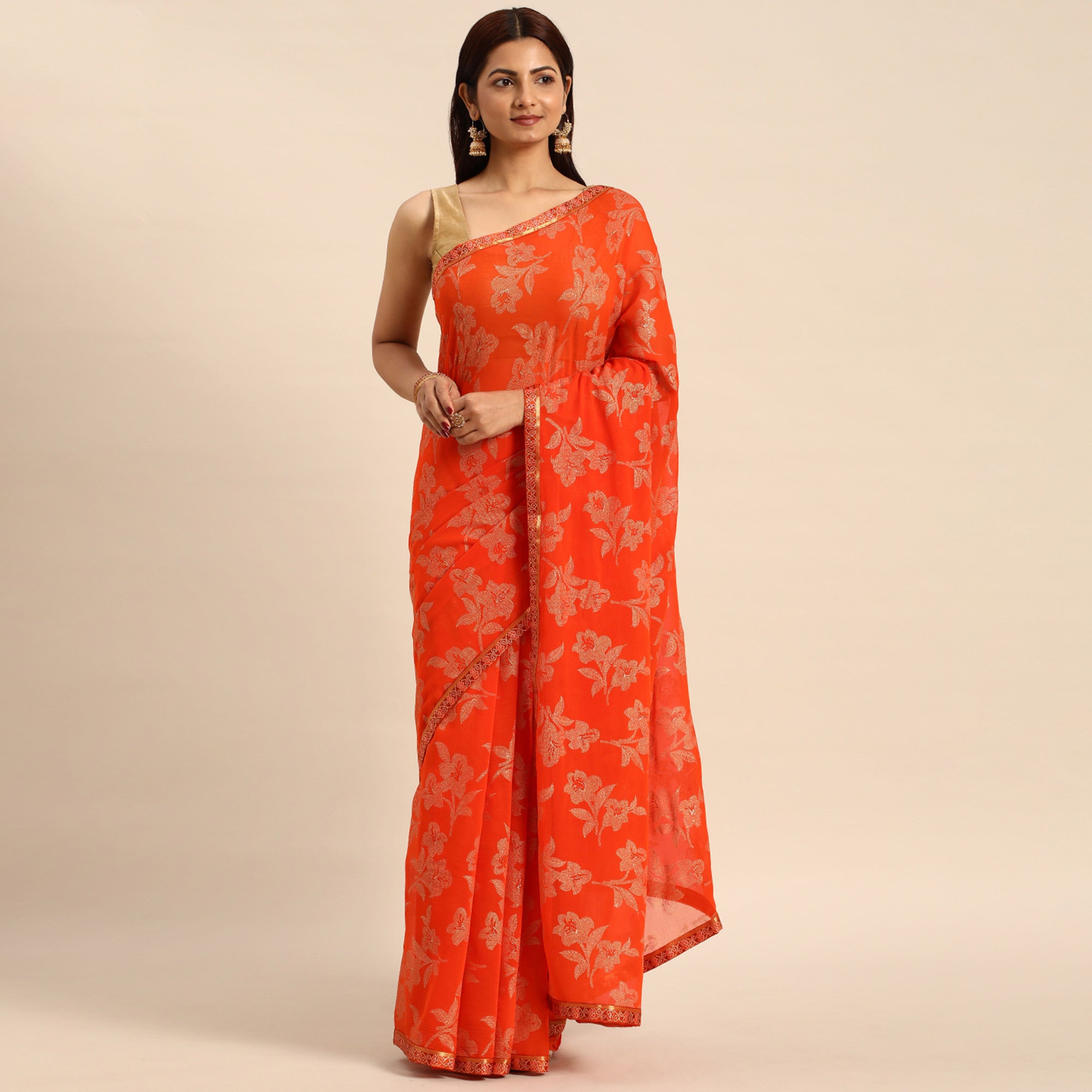 Orange Floral Foil Printed Zomato Saree