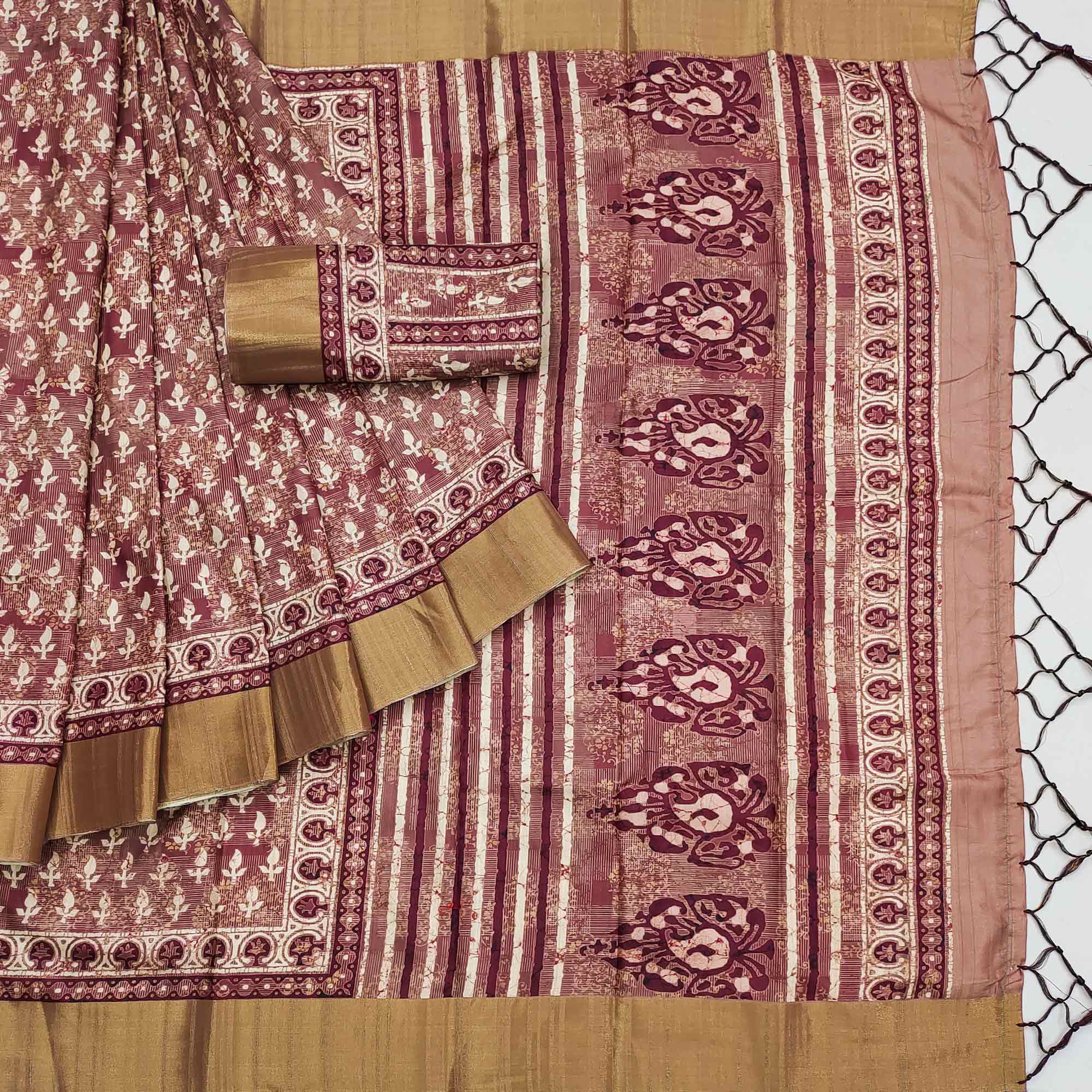 Wine Floral Digital Printed Matka Tussar Silk Saree With Tassels