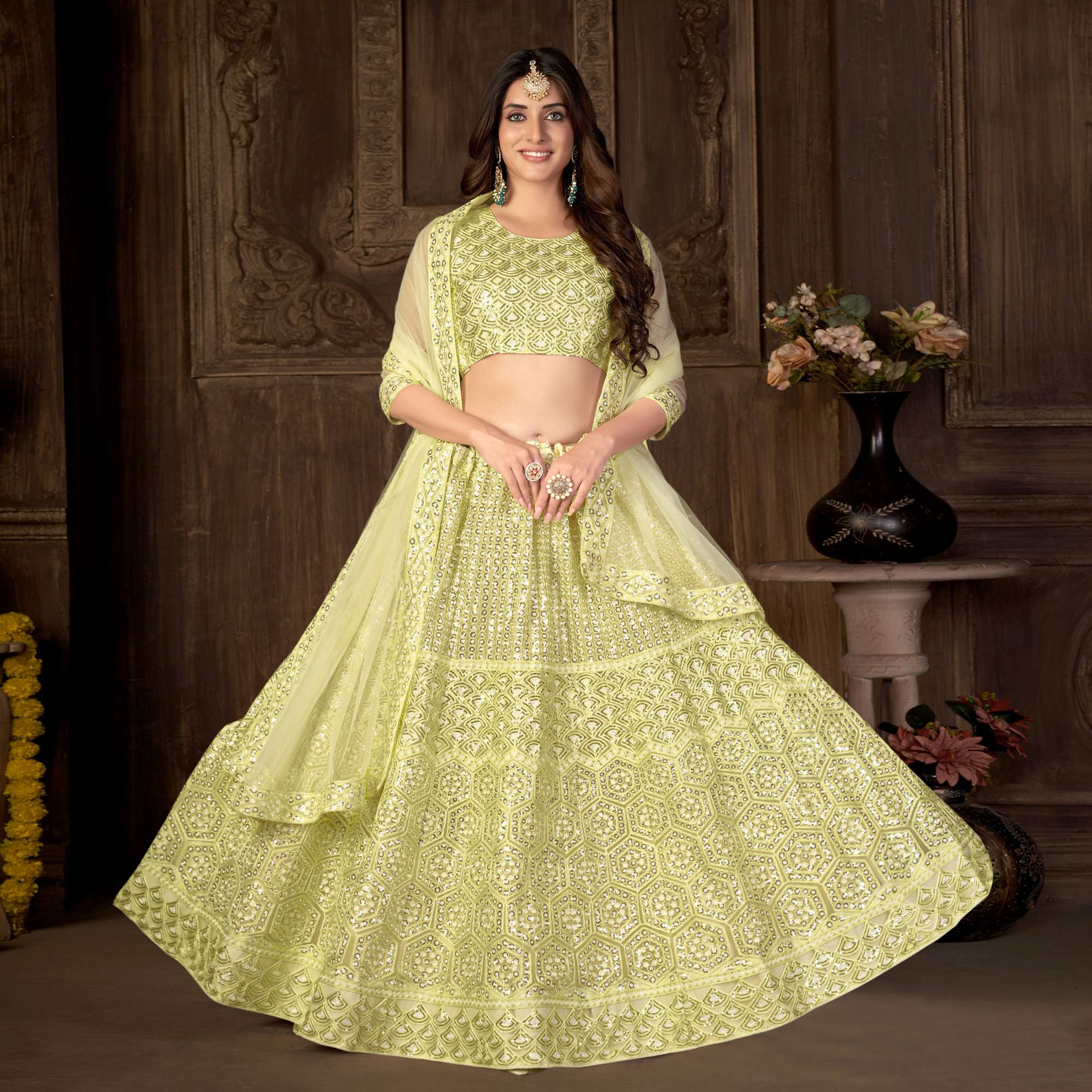 Lemon Yellow Sequins Embroidered Netted Lehenga Choli