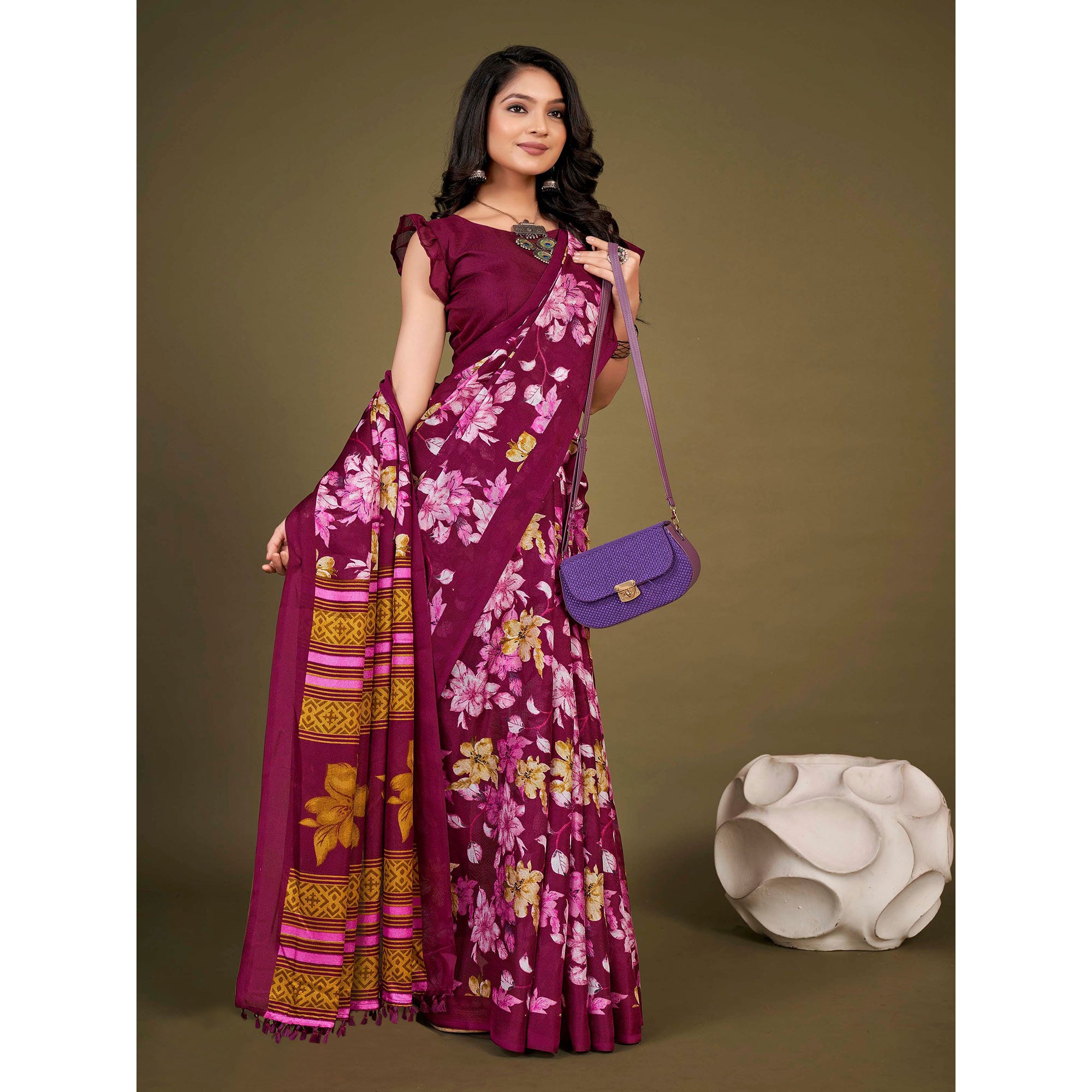 Purple Floral Printed Jute Saree With Tassels