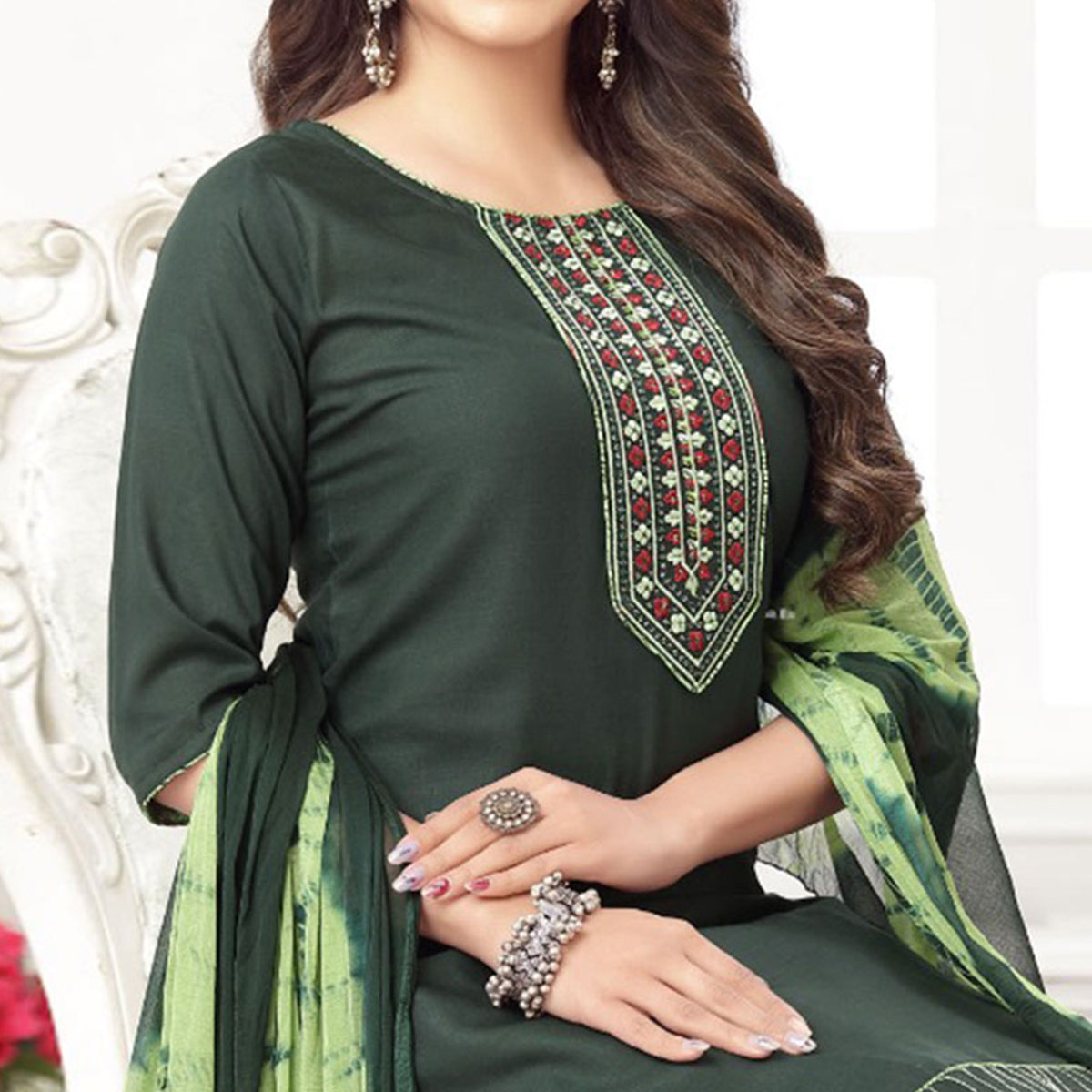 Green Embroidered Rayon Patiala Suit